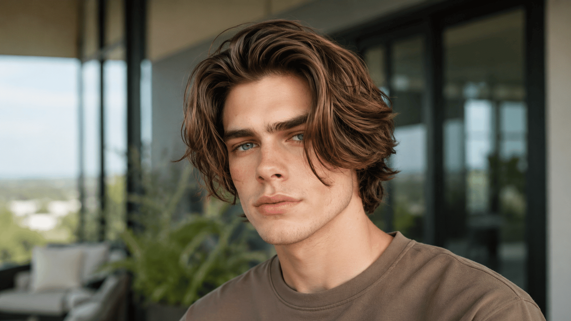 young man with long wavy brown hair wearing a brown shirt near modern glass windows
