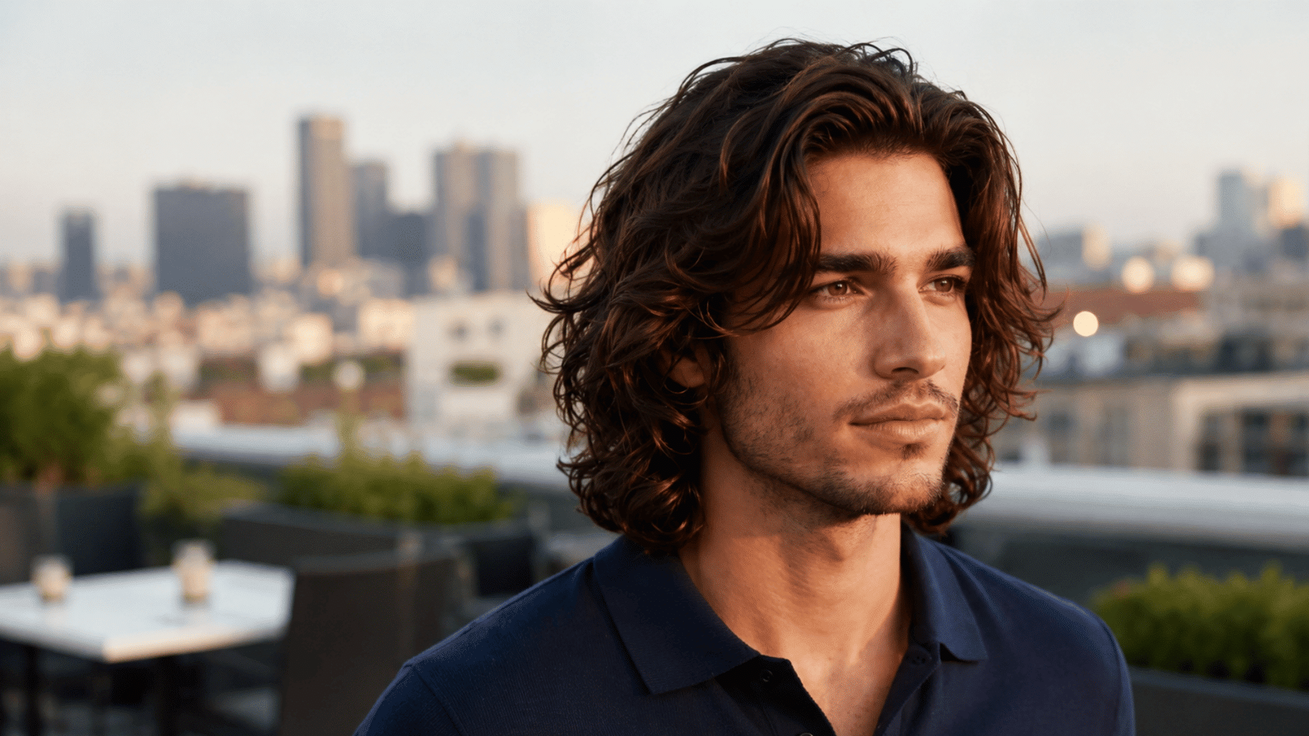 young man with long wavy brown hair wearing a navy polo on a rooftop with city skyline behind him