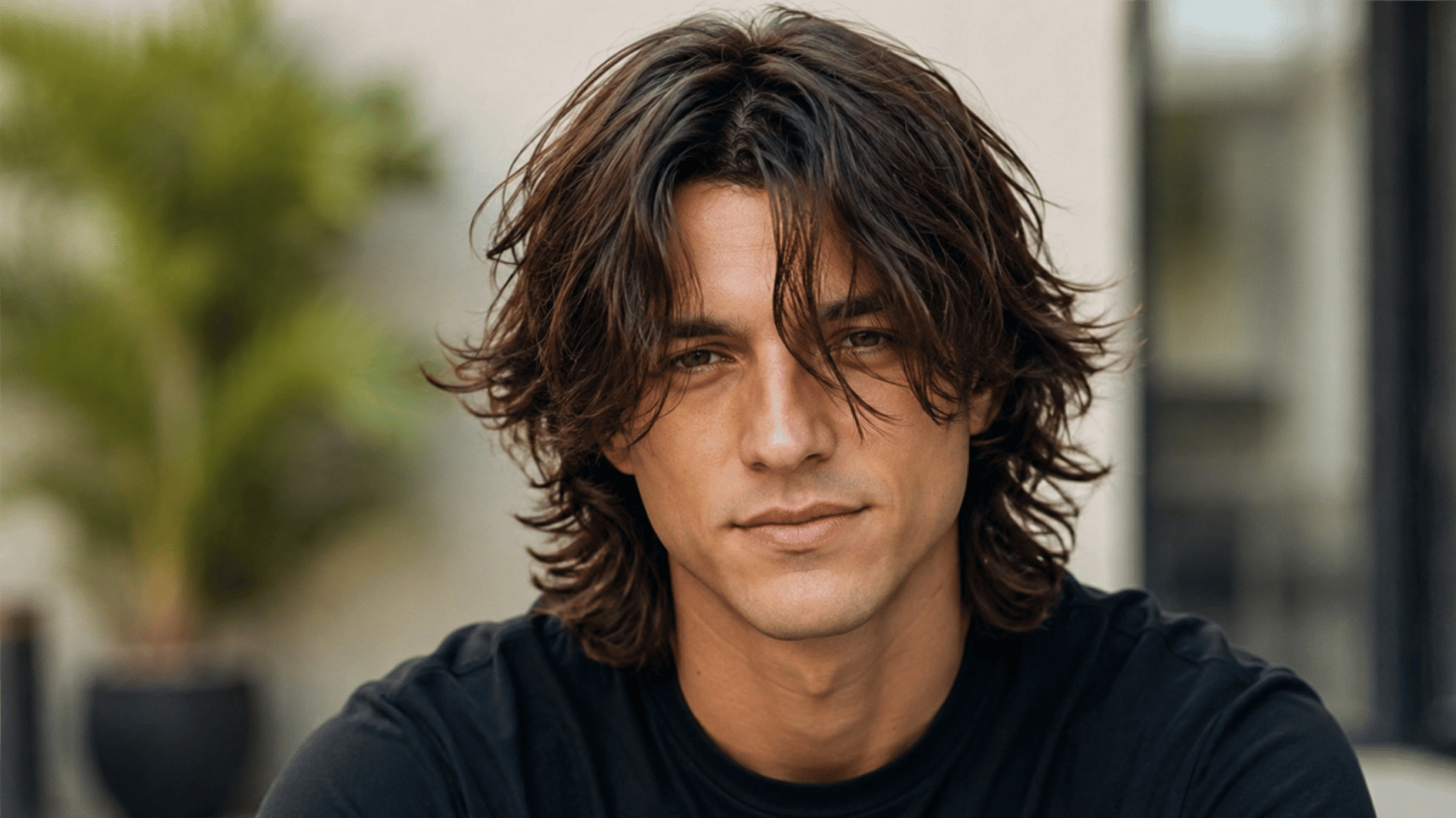 young man with long wet-look wavy hair wearing a black shirt near a modern outdoor setting