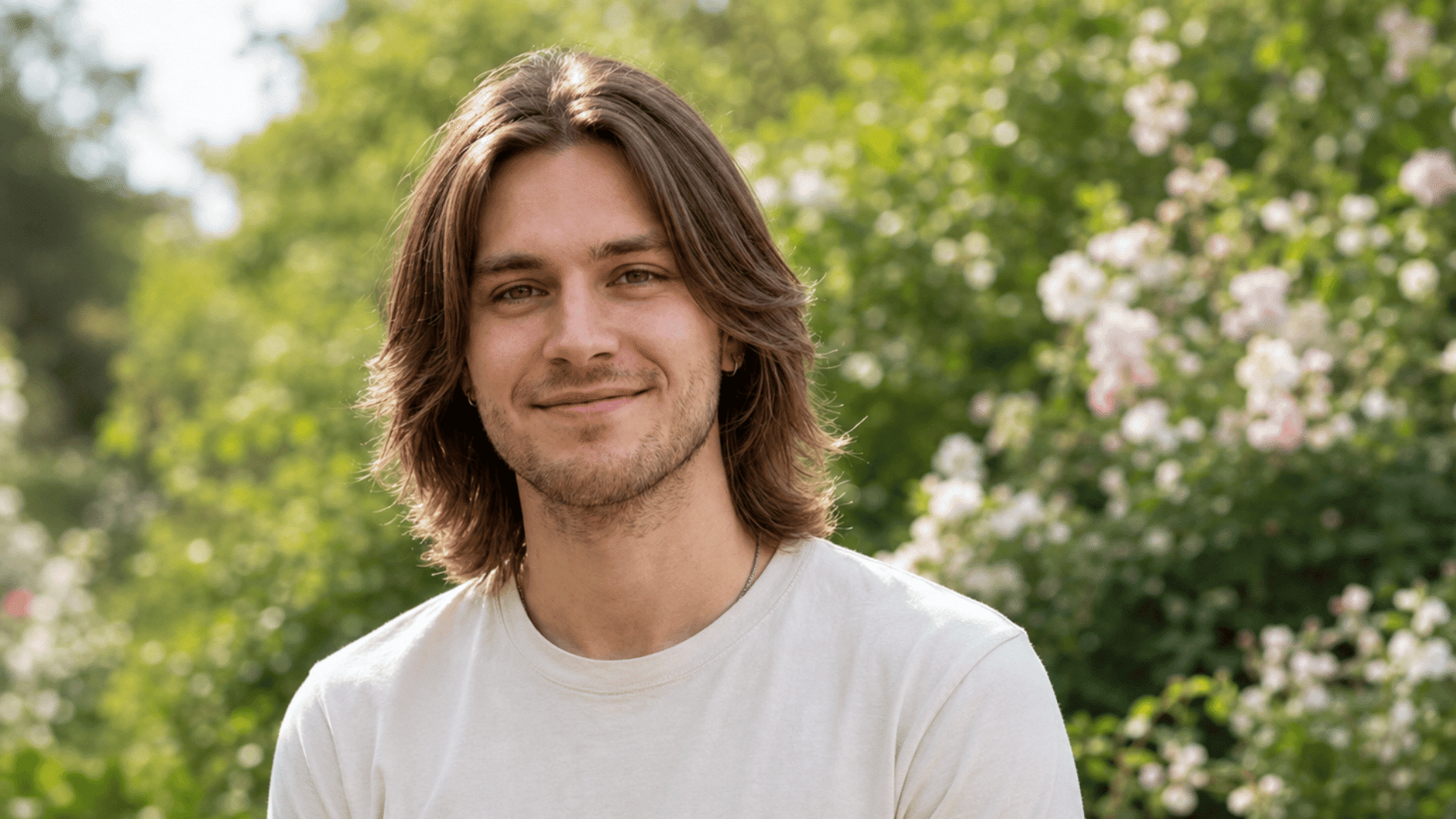 young man with shoulder-length brown hair wearing a white shirt in a sunny garden setting