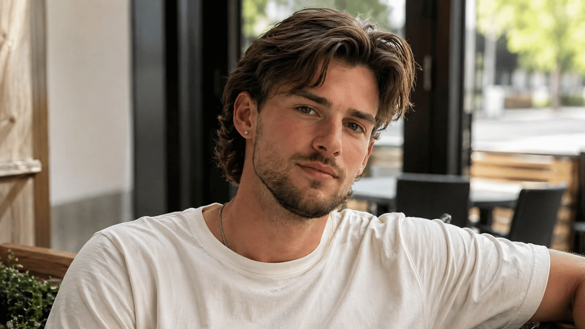 young man with wavy brown hair and beard wearing a white t-shirt in an outdoor cafe