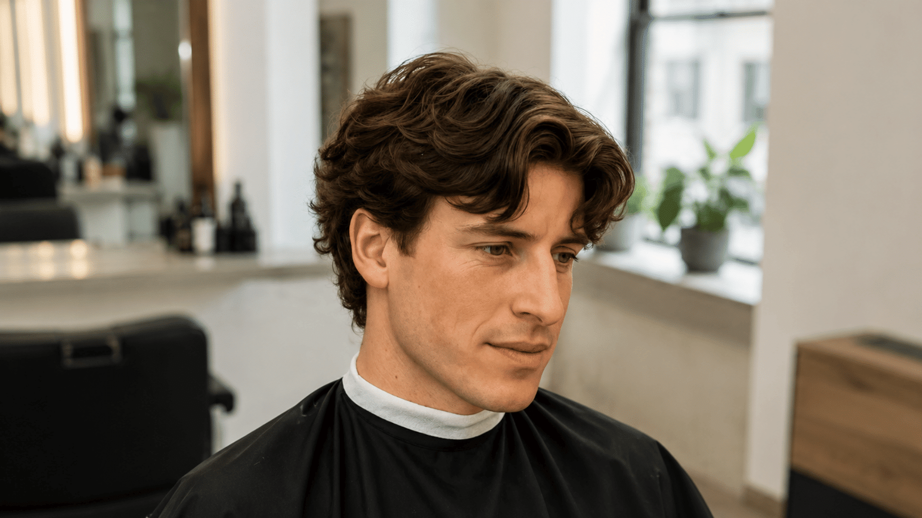 young man with wavy brown hair in a modern salon wearing a black barber cape and white neck strip