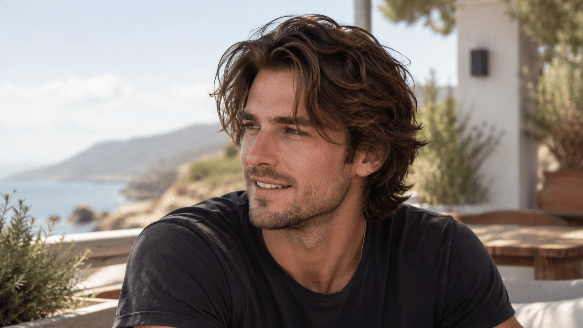 young man with wavy brown hair wearing a black shirt by a sunny coastal outdoor cafe