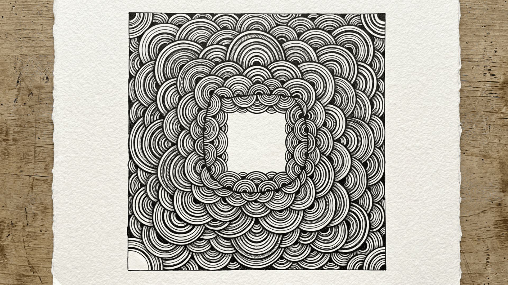 intricate black and white ink drawing featuring concentric arch patterns surrounding a blank center