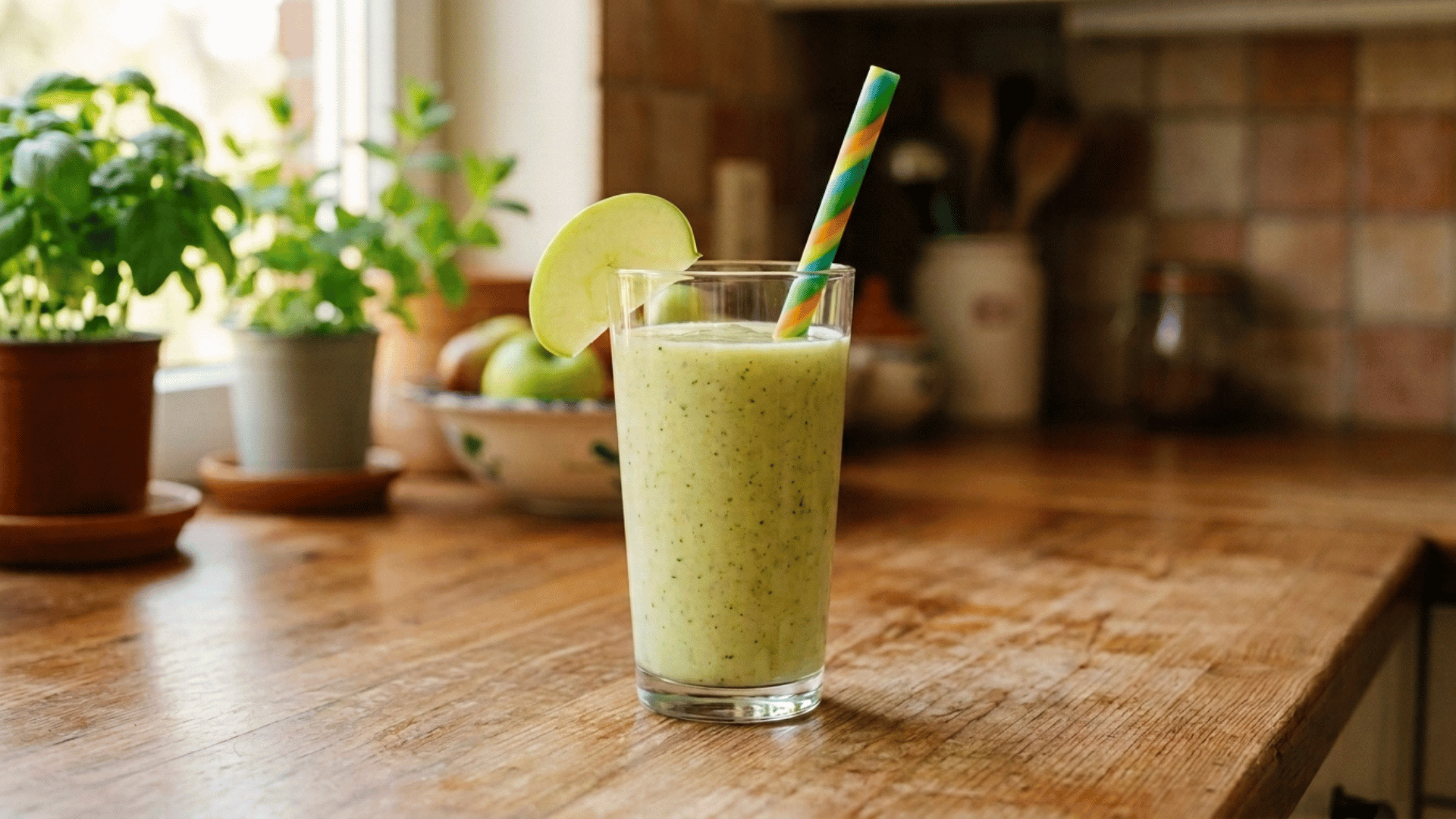 zucchini apple smoothie in a glass with a colorful straw, garnished with apple slice