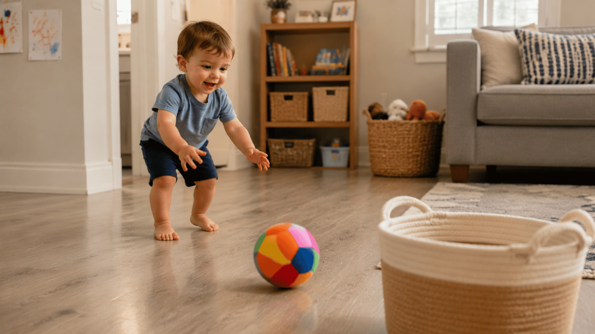 2-year-old chasing a colorful soft ball toward a basket during an active indoor game in the living room
