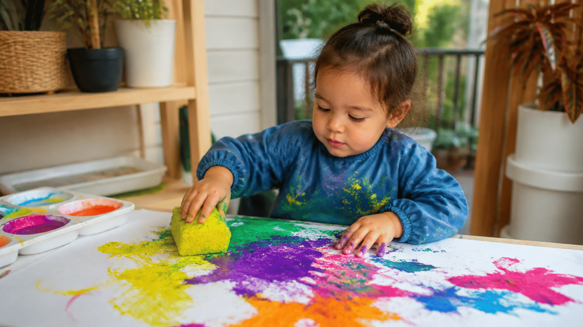 2-year-old making colorful marks with finger paint and a sponge during creative sensory play