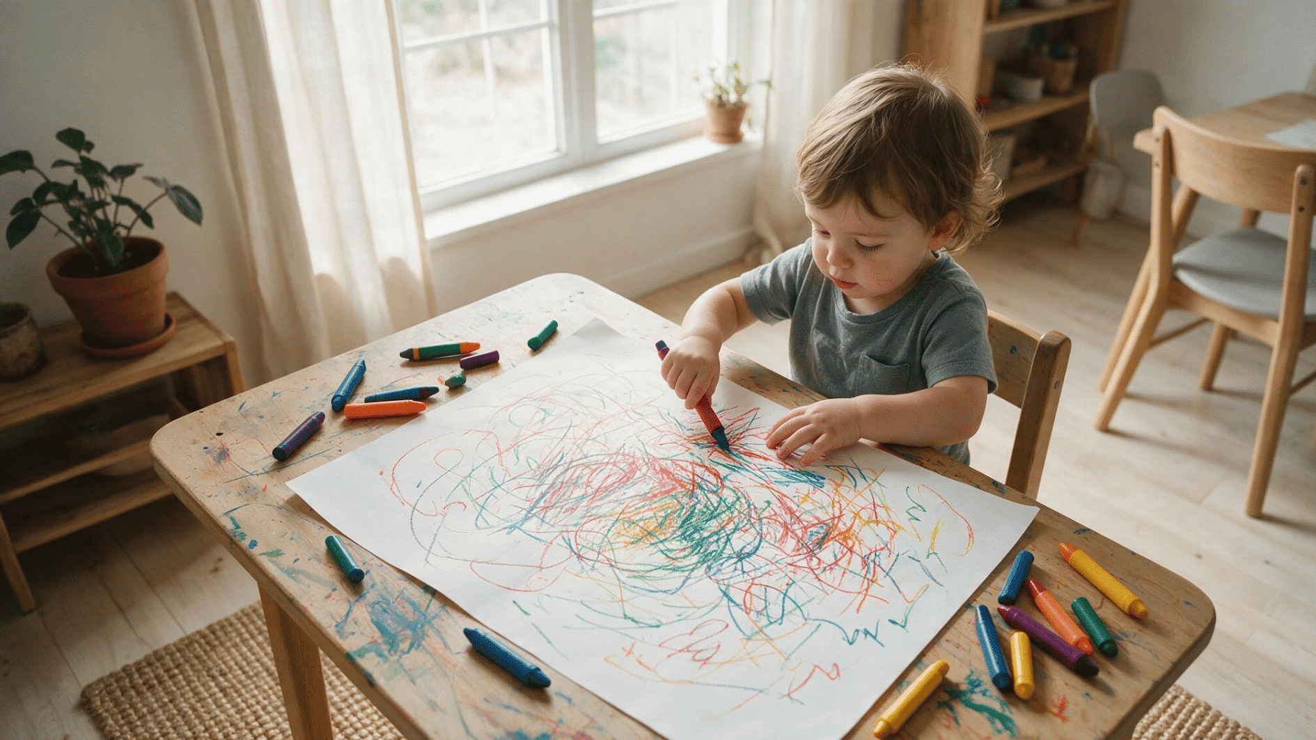 2-year-old making colorful scribbles with chunky crayons on a large sheet of paper