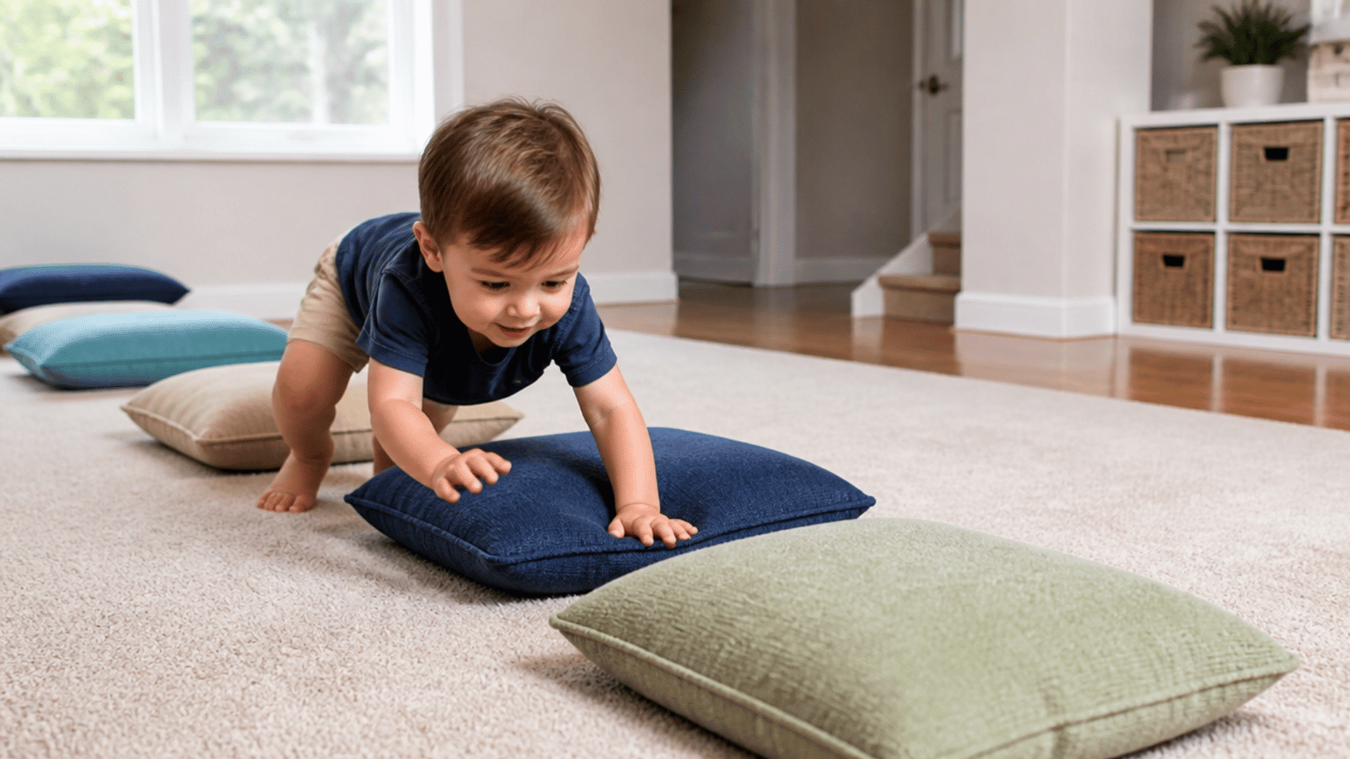 2-year-old moving through a low pillow obstacle course during active indoor play at home