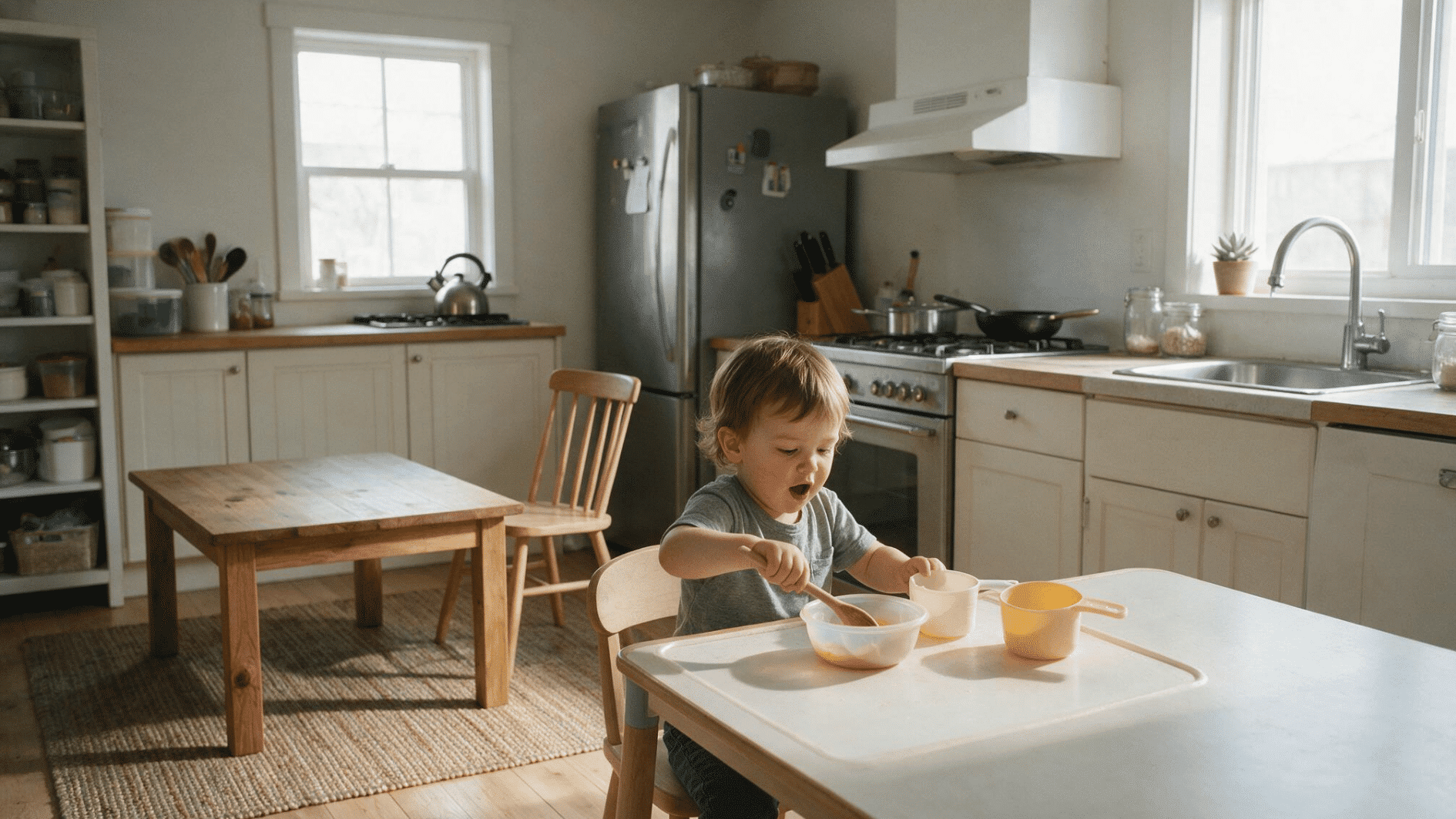 2-year-old pretending to cook with a bowl and wooden spoon during imaginative play at home