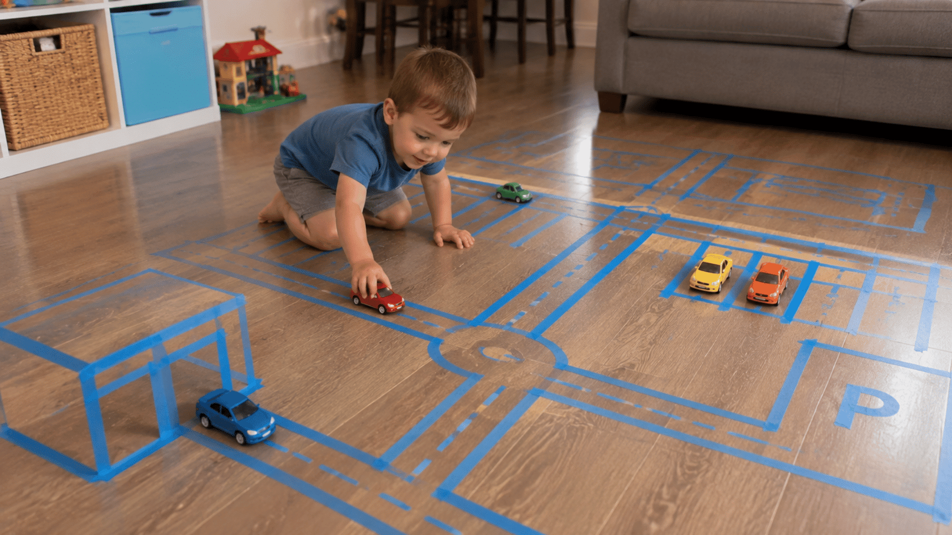 2-year-old pushing toy cars along roads made with blue painter's tape on a living room floor