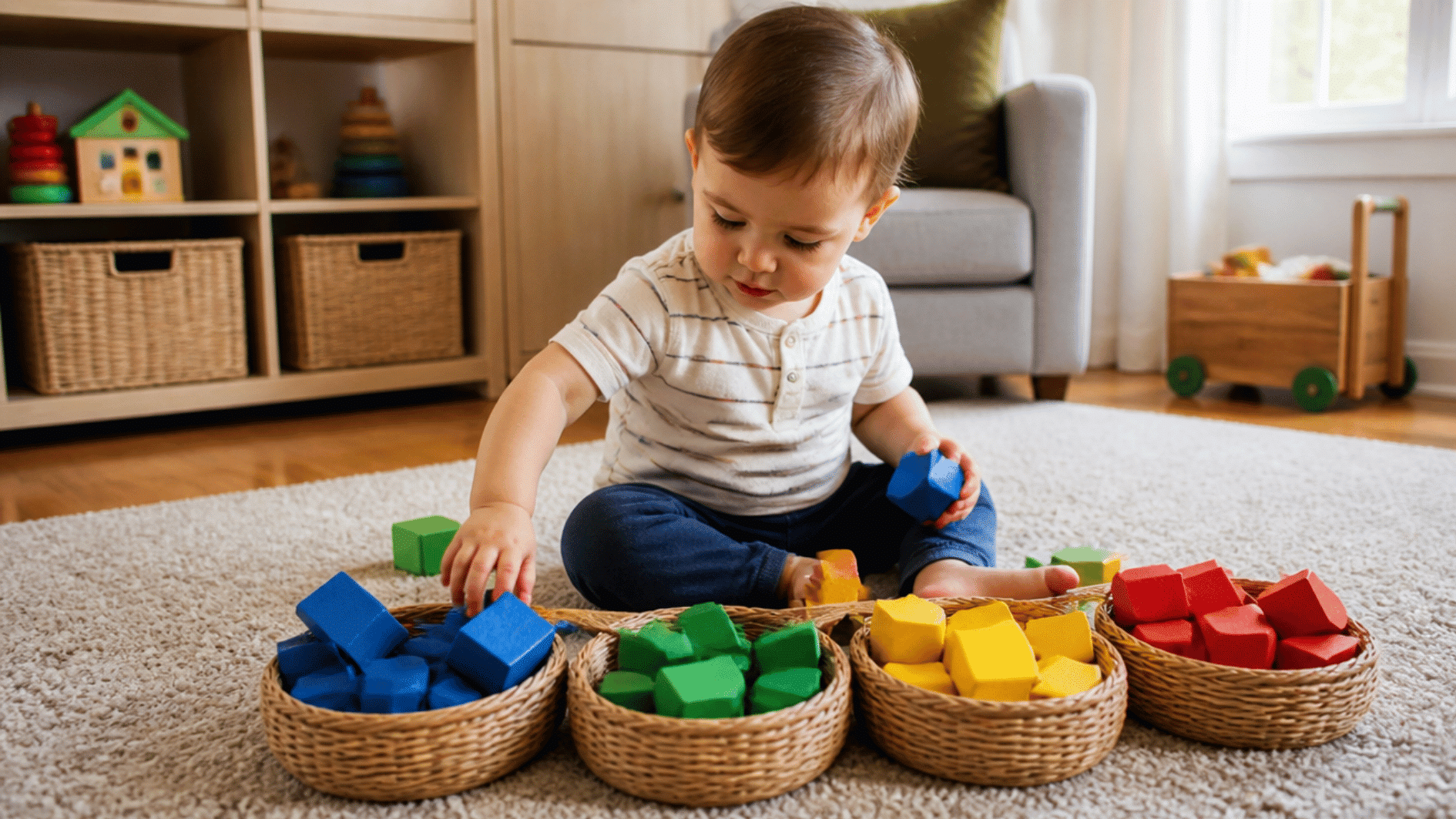2-year-old sorting colorful toys into baskets during a simple educational activity at home