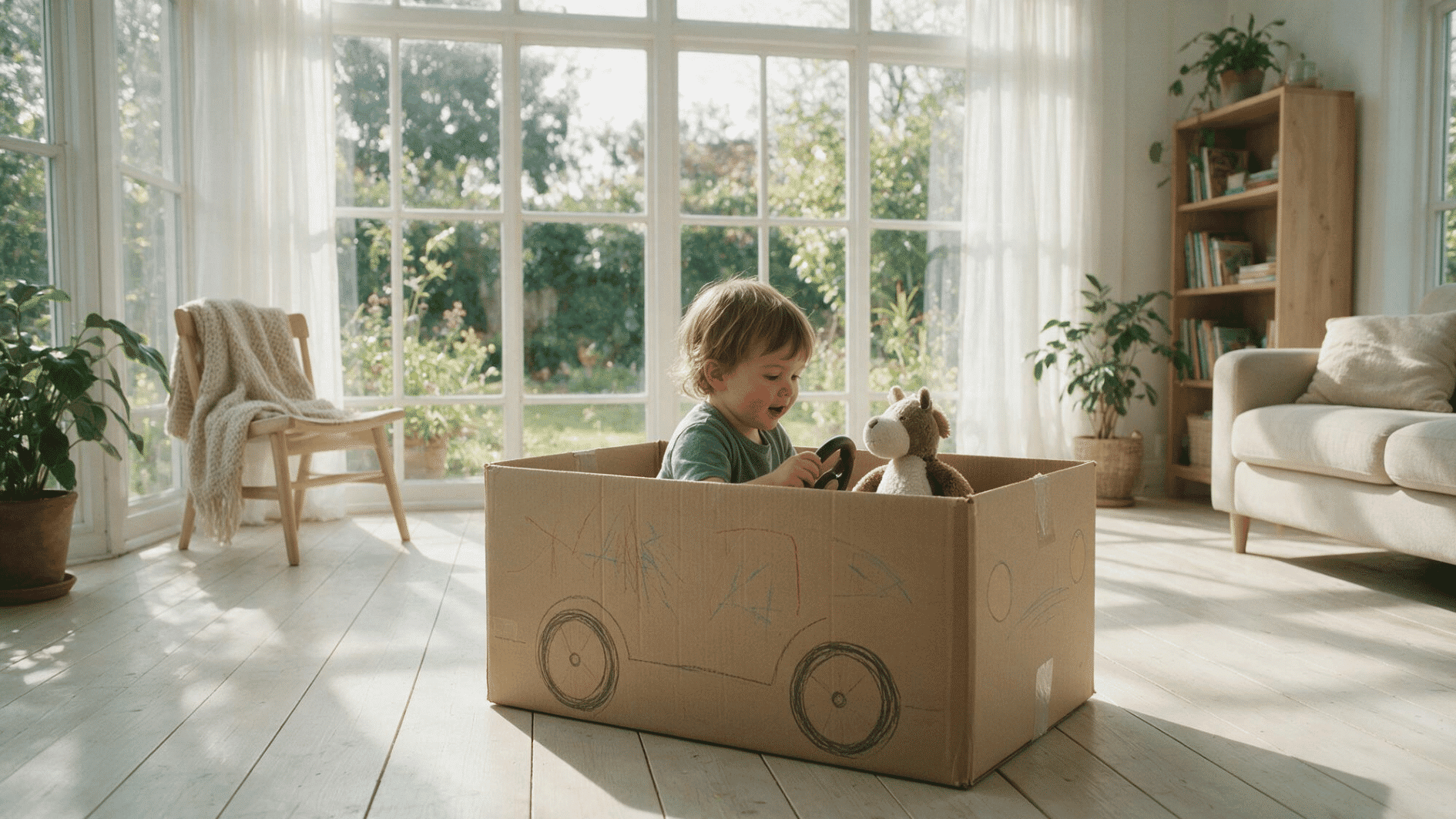 2-year-old using a large cardboard box as a pretend car during creative play at home