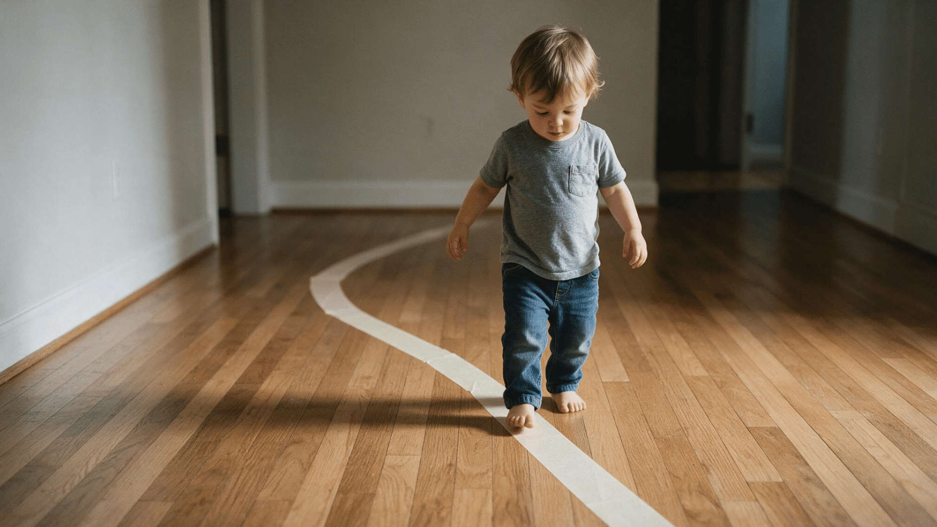 2-year-old walking along a painter's tape line during a simple indoor balance activity