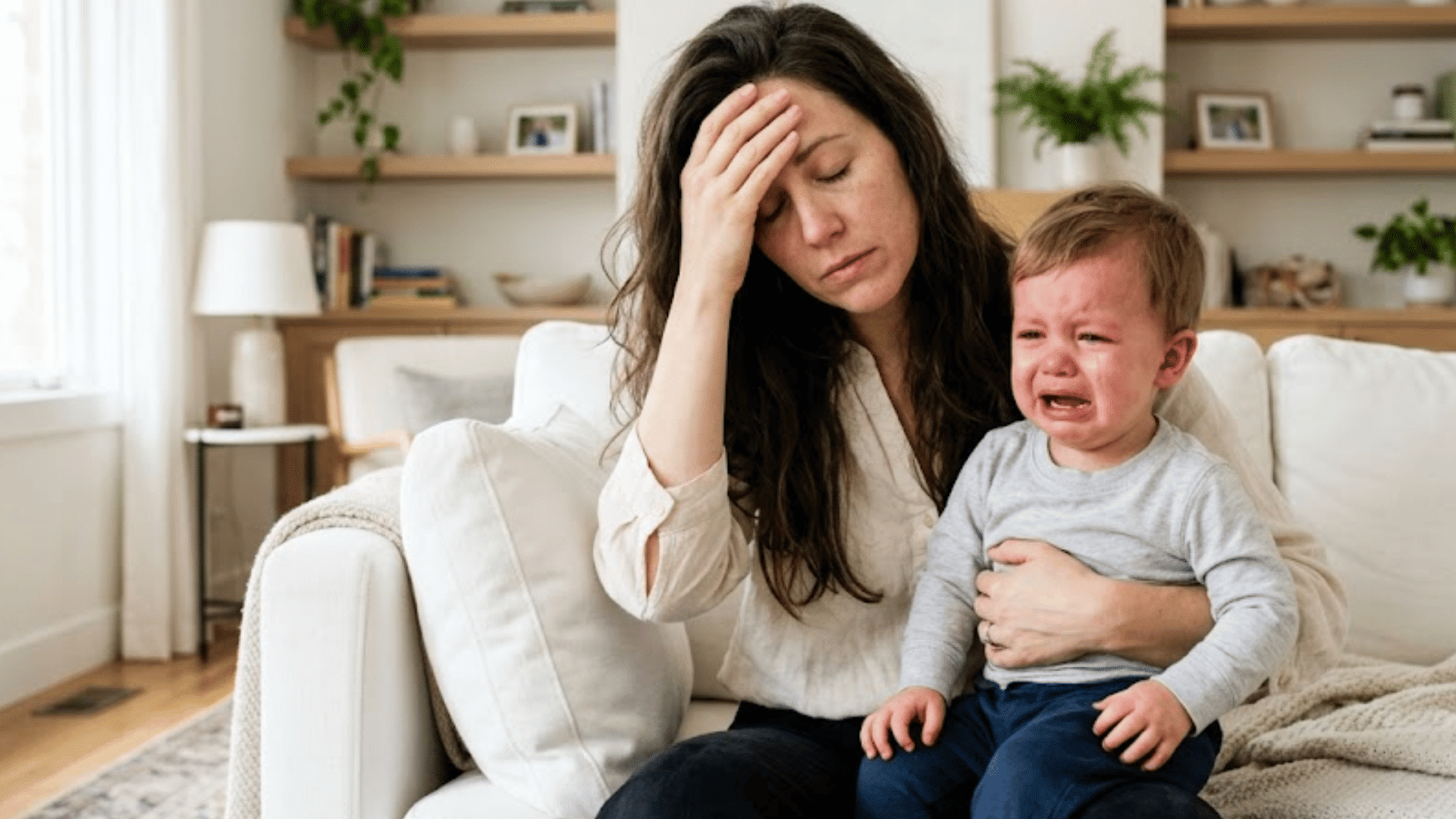 tired mother holding her crying three-year-old during a tantrum while sitting together on a white sofa.