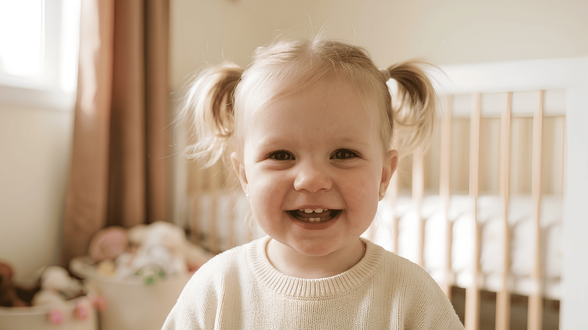 smiling toddler with blonde hair styled in two high pigtails while wearing a cream sweater in a bright nursery setting