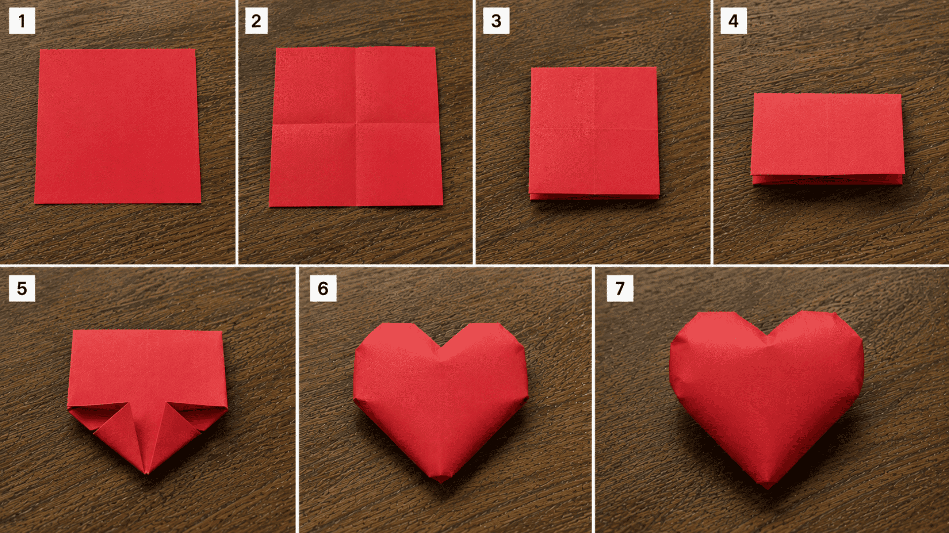 7-step collage showing a red paper square folded into a puffy 3D inflatable origami heart.