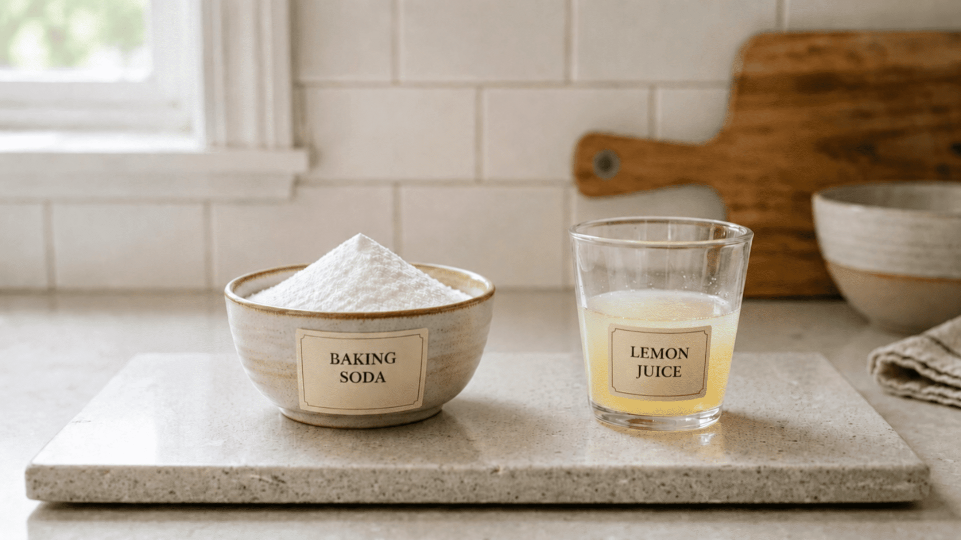 a bowl of baking soda and a glass of lemon juice on a marble tray, ingredients for a natural drain cleaner