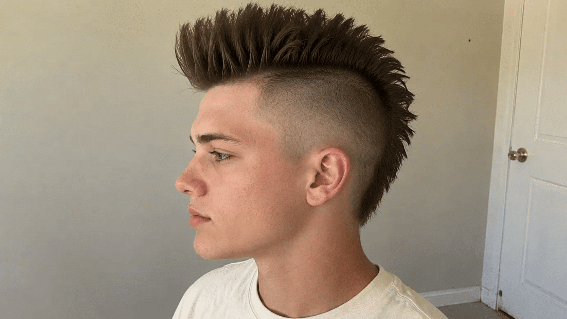 a boy with a mohawk, spiked central strip and shaved sides shown in side view against a plain wall