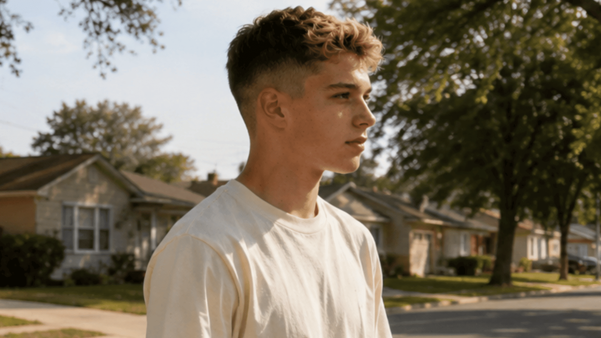 a boy with a taper cut, curly lighter top and gently tapered sides seen in side view on a sunny street