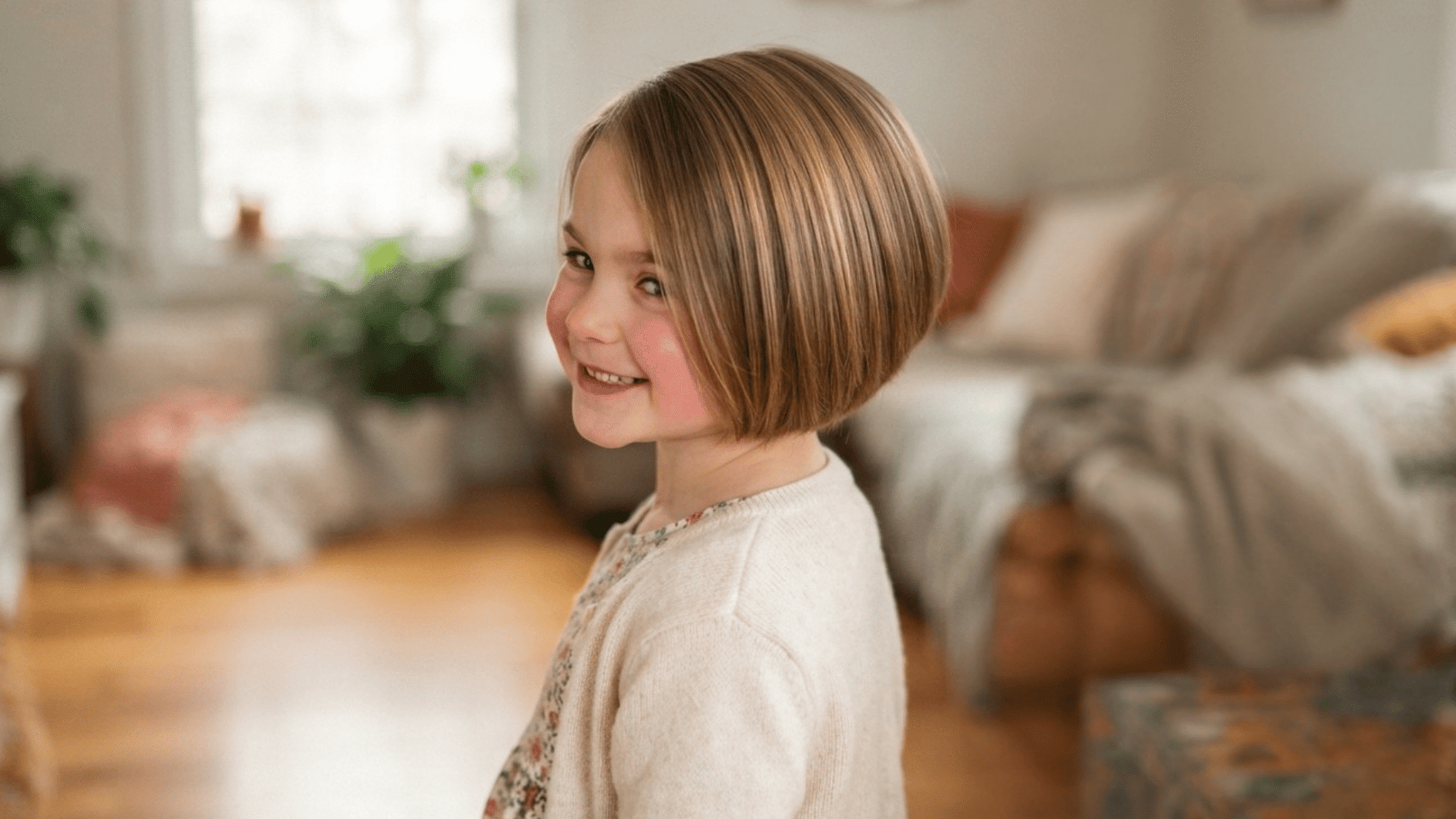 a little girl in a stacked bob haircut smiling and standing in homely background