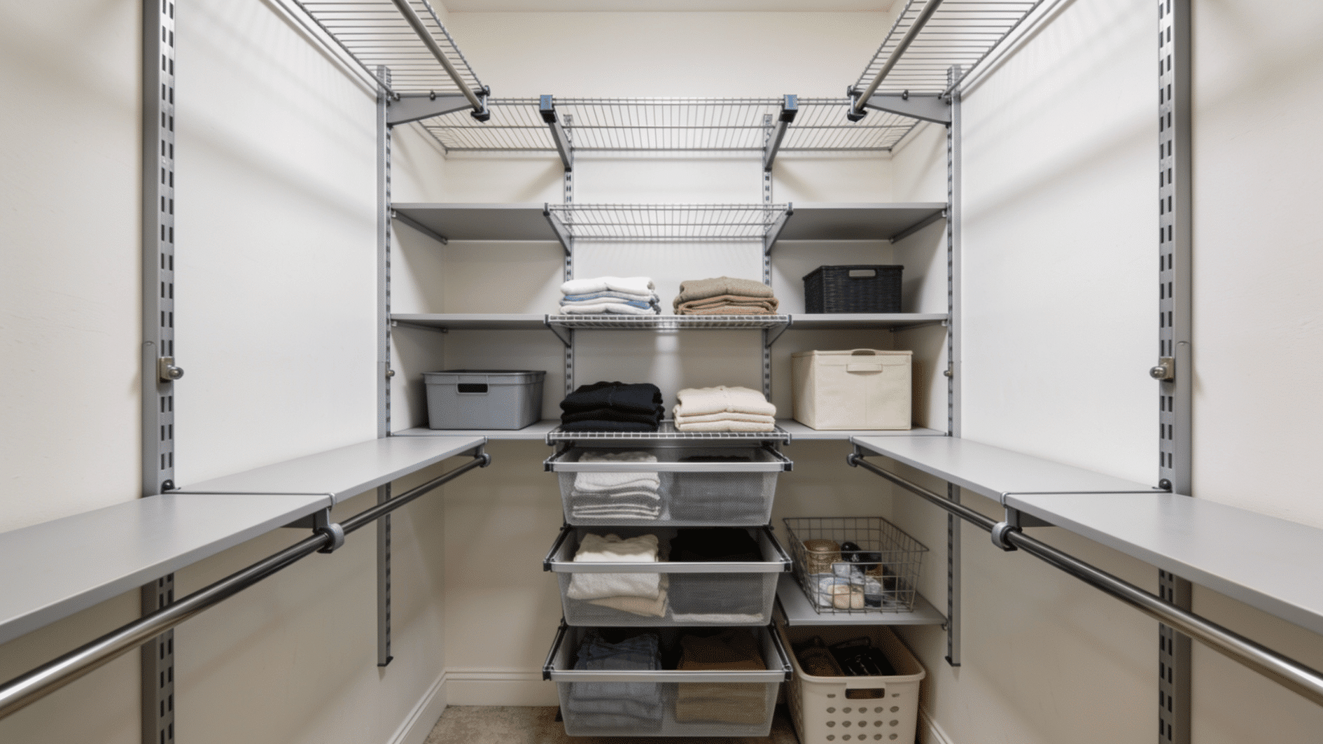 adjustable shelving closet organizer with flexible shelves and storage baskets for customizable closet space