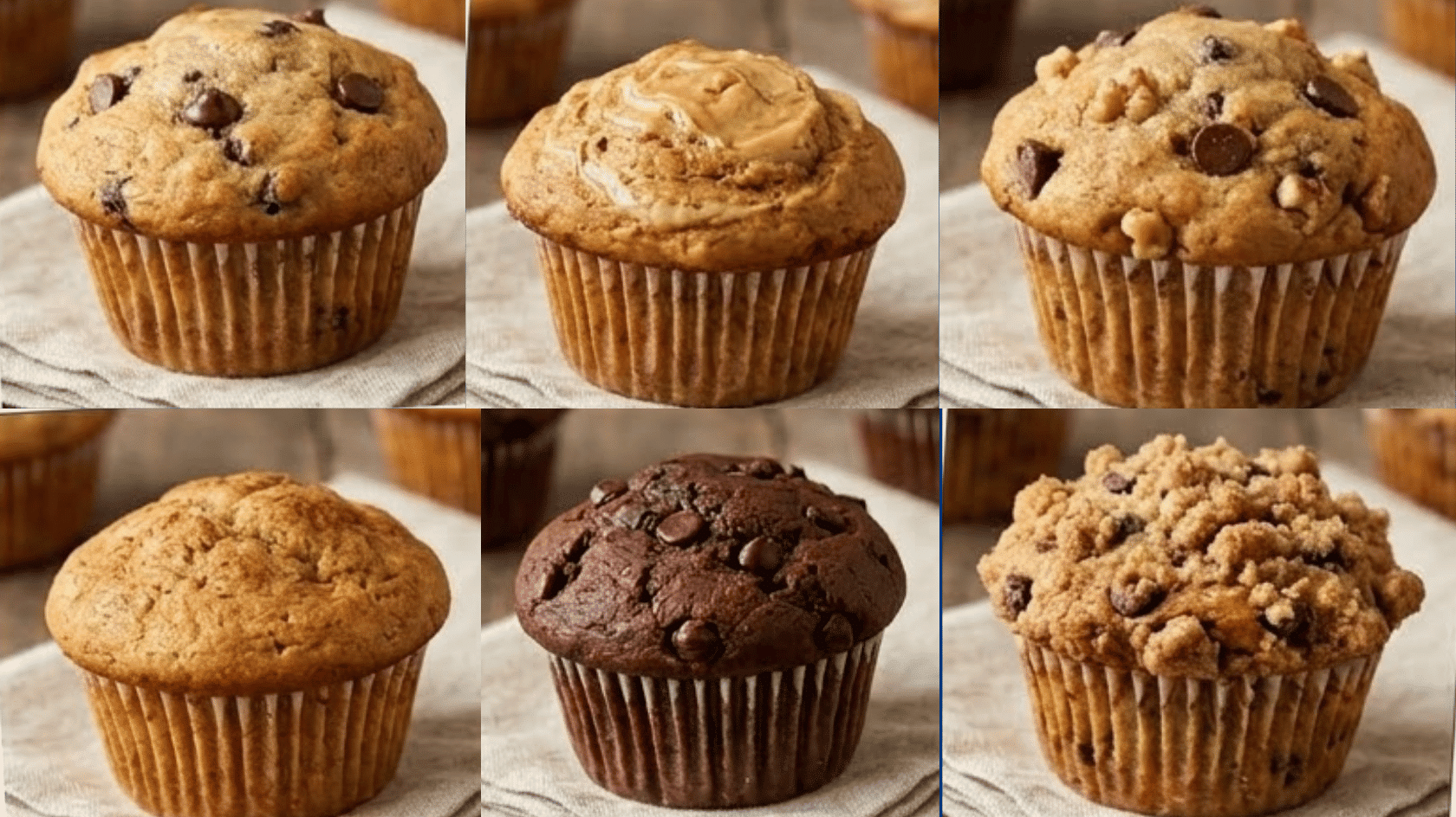 assorted banana muffin variations with chocolate chips nuts peanut butter chocolate and crumb toppings