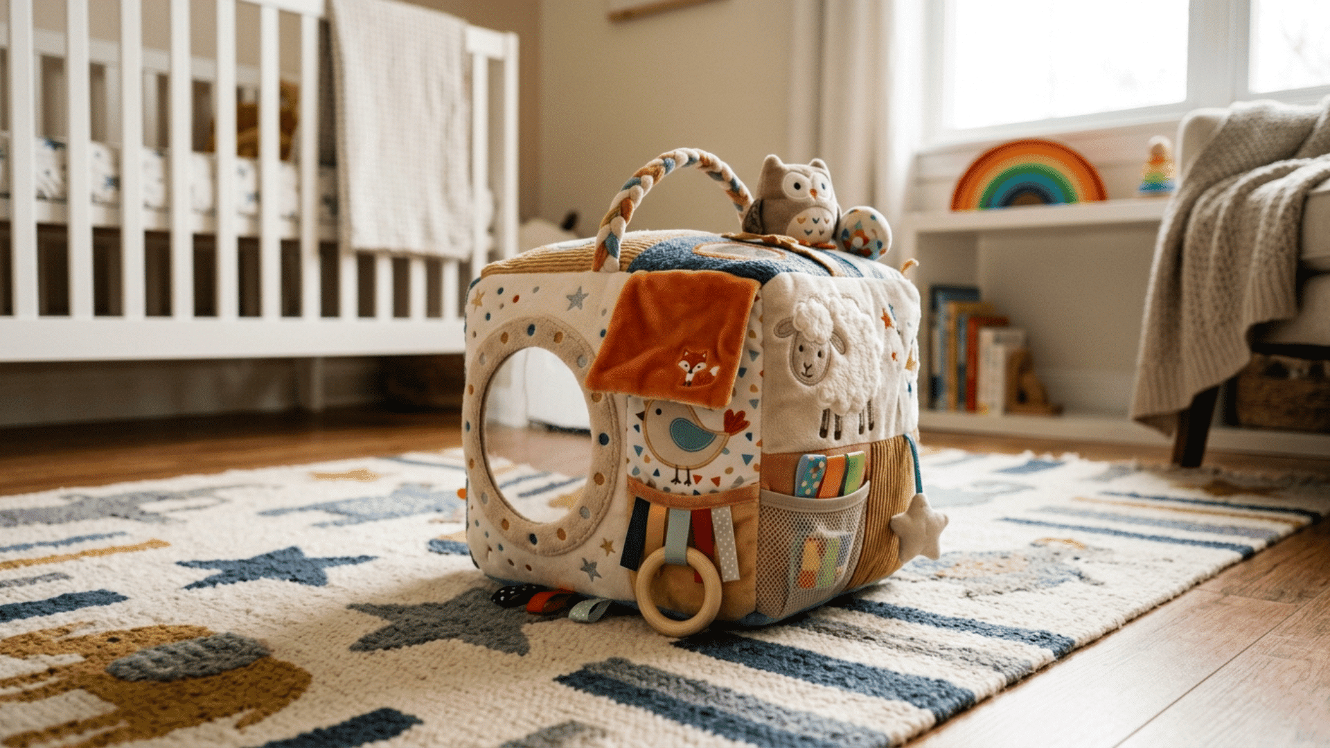 soft baby activity cube with mirror, ribbons and textured panels placed on a patterned nursery rug