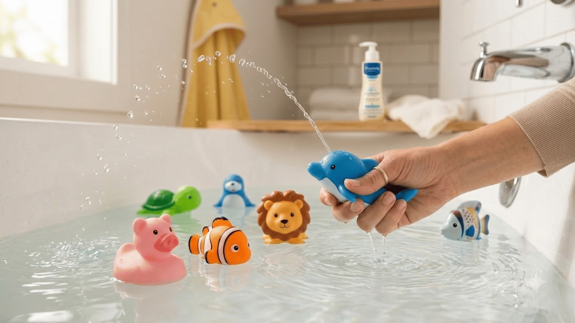colourful baby bath squirter toys floating in water with playful animal shapes for fun sensory bath time play
