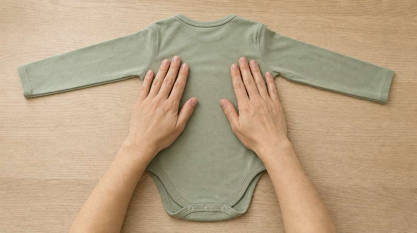 baby bodysuit laid flat on a table with hands smoothing the fabric before folding