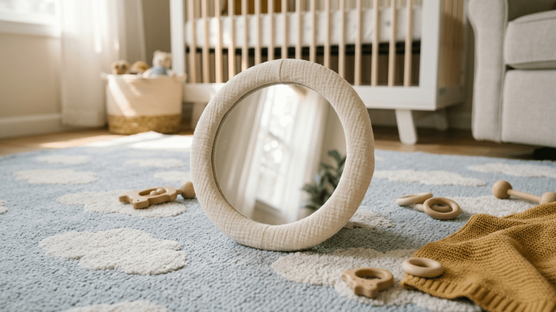 round padded baby mirror standing on a nursery rug beside wooden toys and a soft knitted blanket