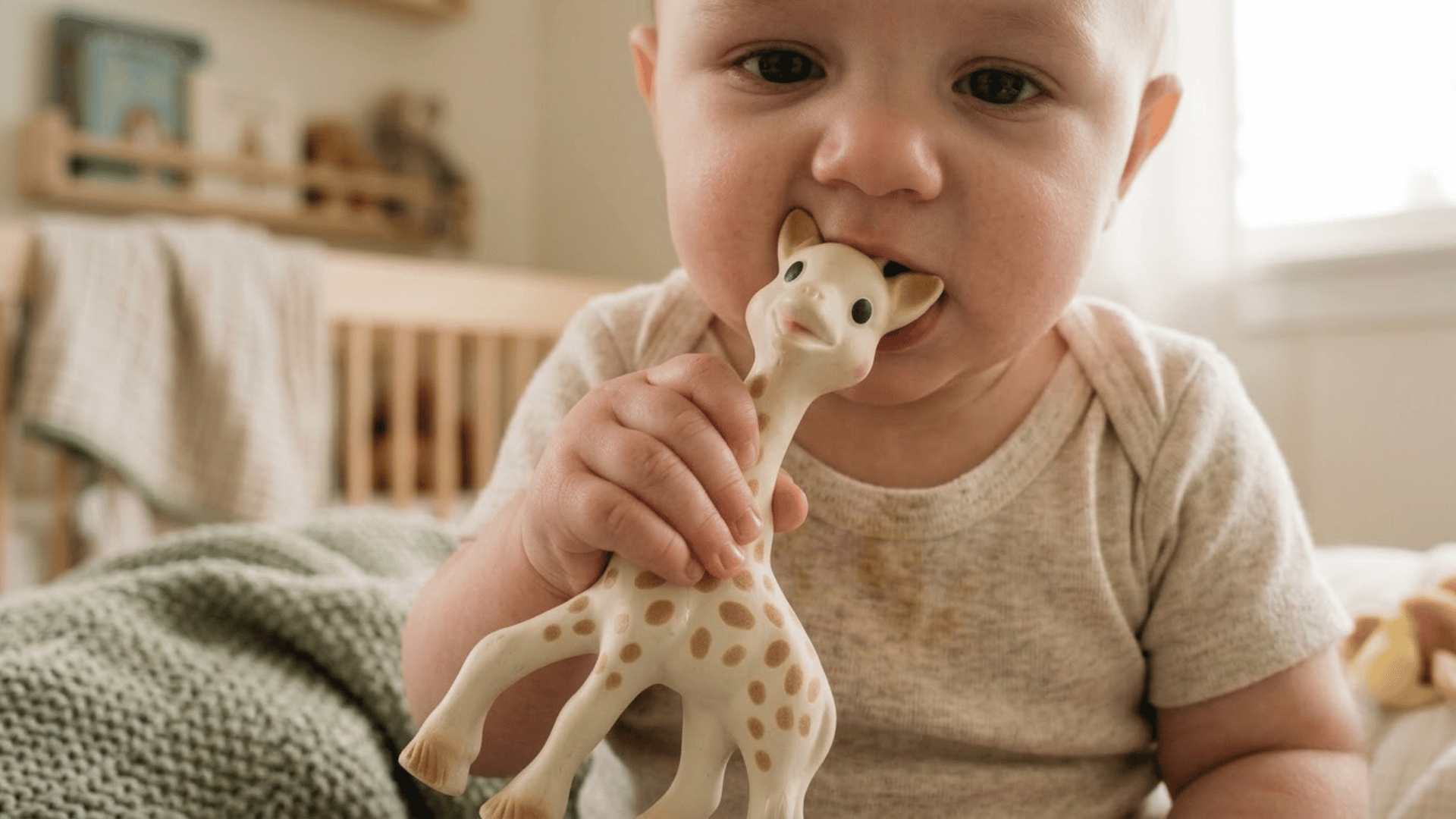 baby chewing a giraffe teething toy while sitting on a soft blanket in a warm, softly lit nursery room