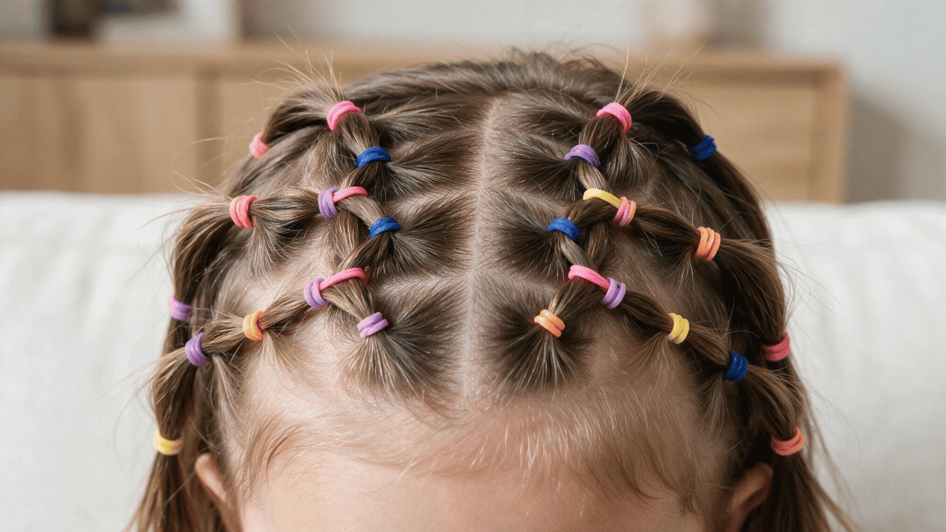 baby hairstyle with a colorful crisscross elastic style using bright mini hair ties in soft natural indoor lighting with a close up front view