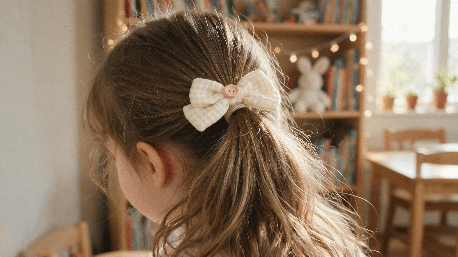 baby hairstyle with a half up ponytail secured by a large cream bow in soft natural indoor lighting and blurred background