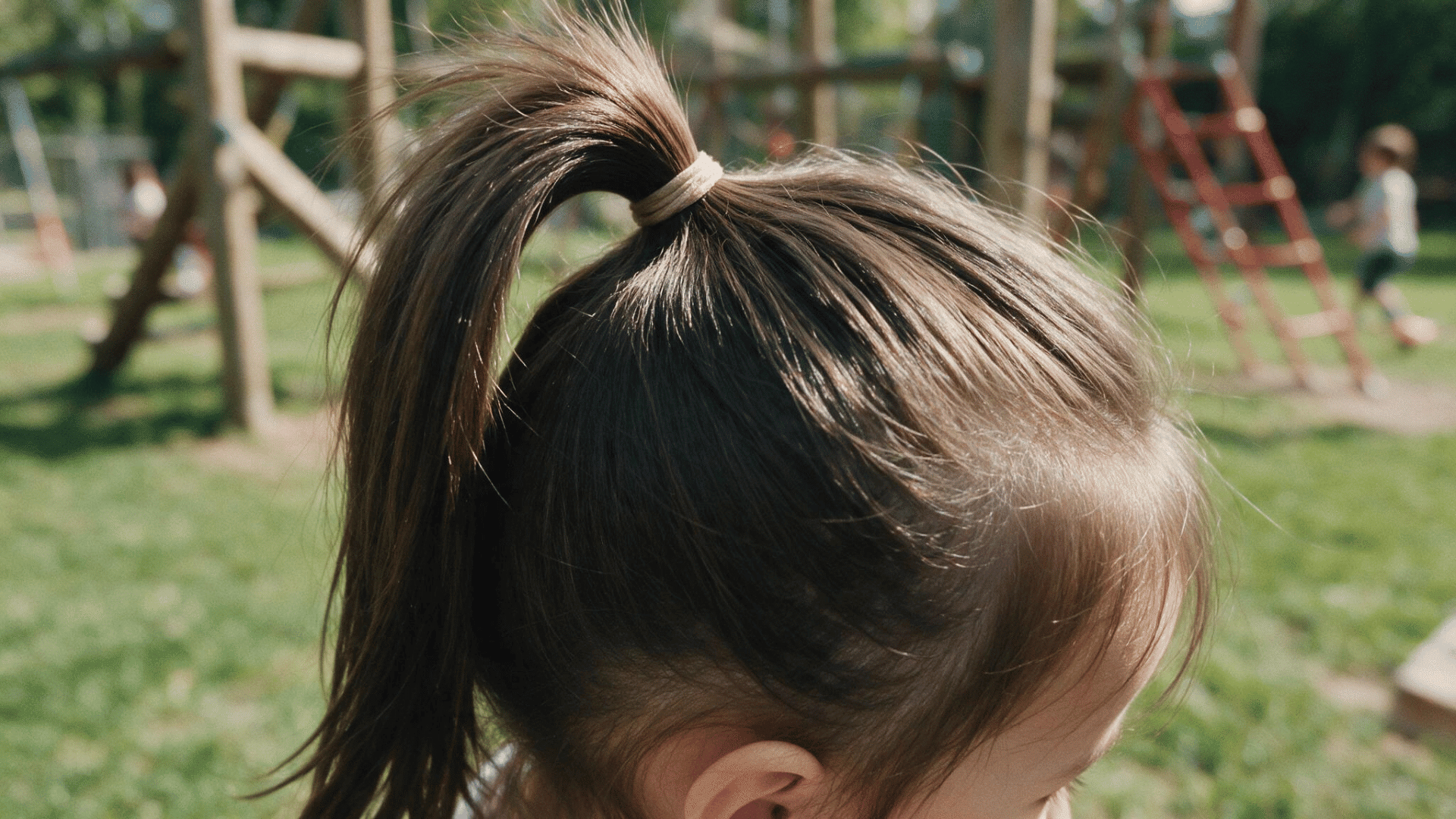 baby hairstyle with a high ponytail neatly tied at the crown in natural outdoor light with a playground softly blurred in the background