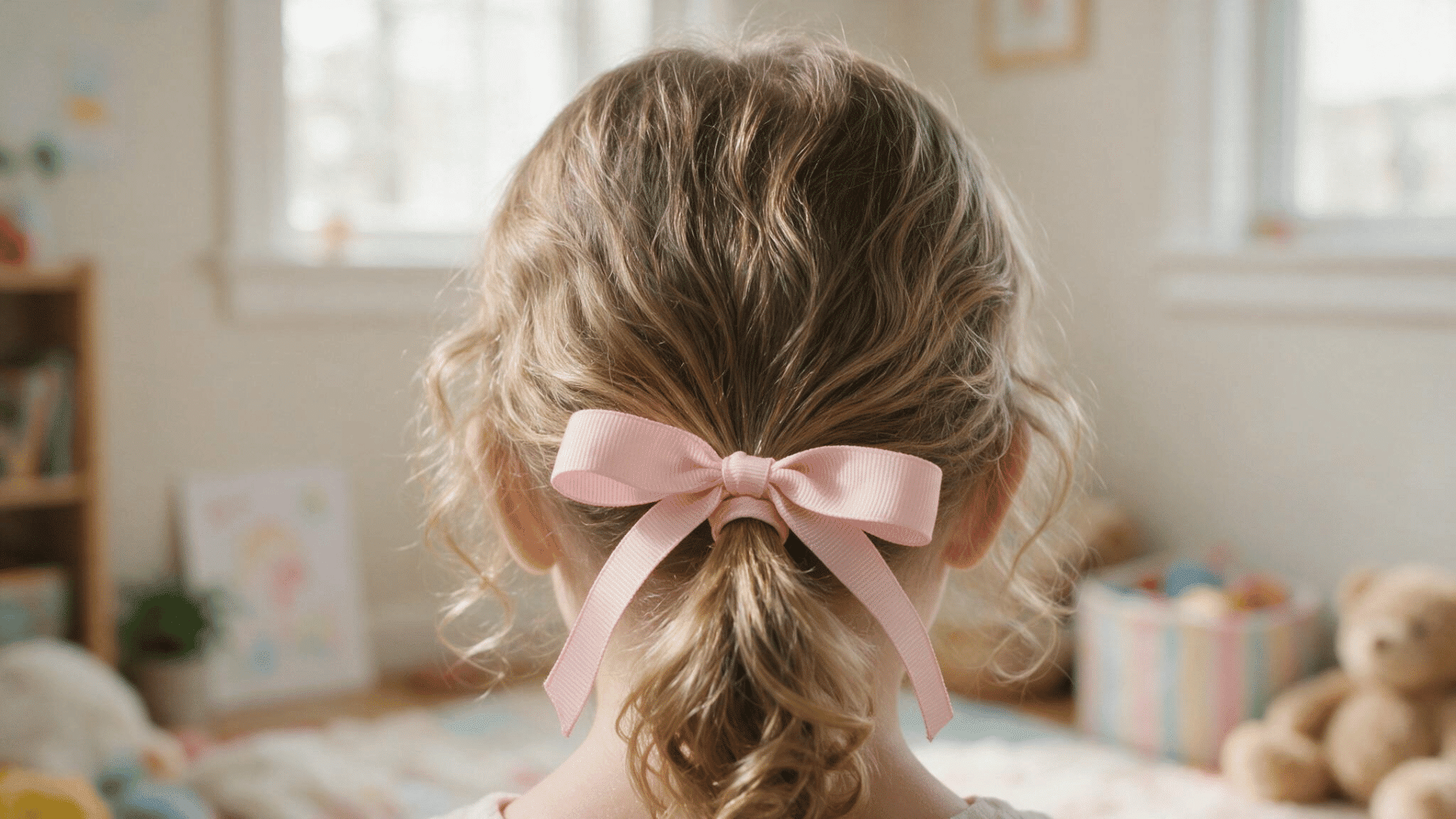 baby hairstyle with a low ponytail tied using a soft pink ribbon viewed from the back in warm natural indoor lighting