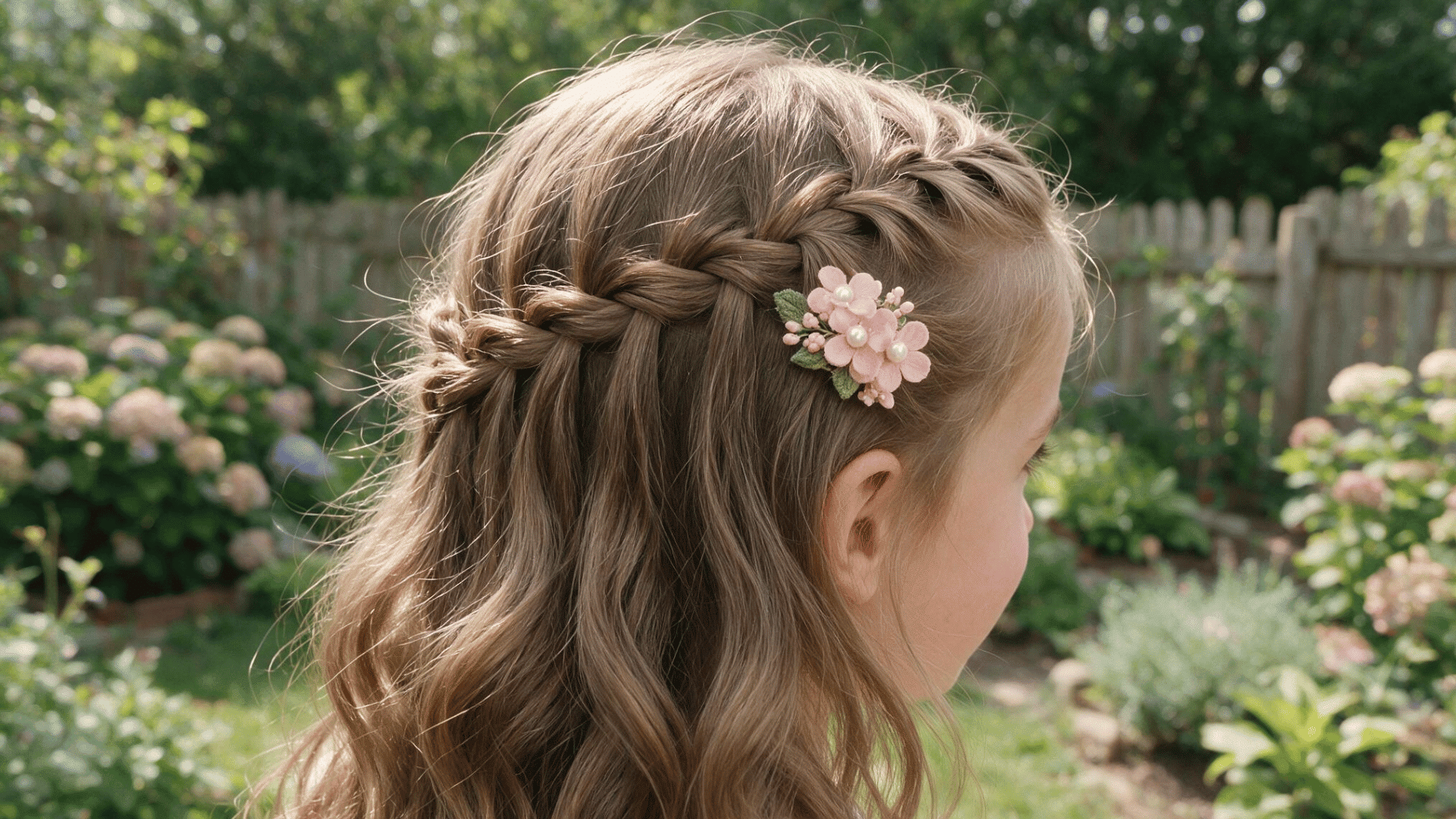 baby hairstyle with a waterfall twist finished with a pink floral clip in natural outdoor sunlight and a blooming garden background