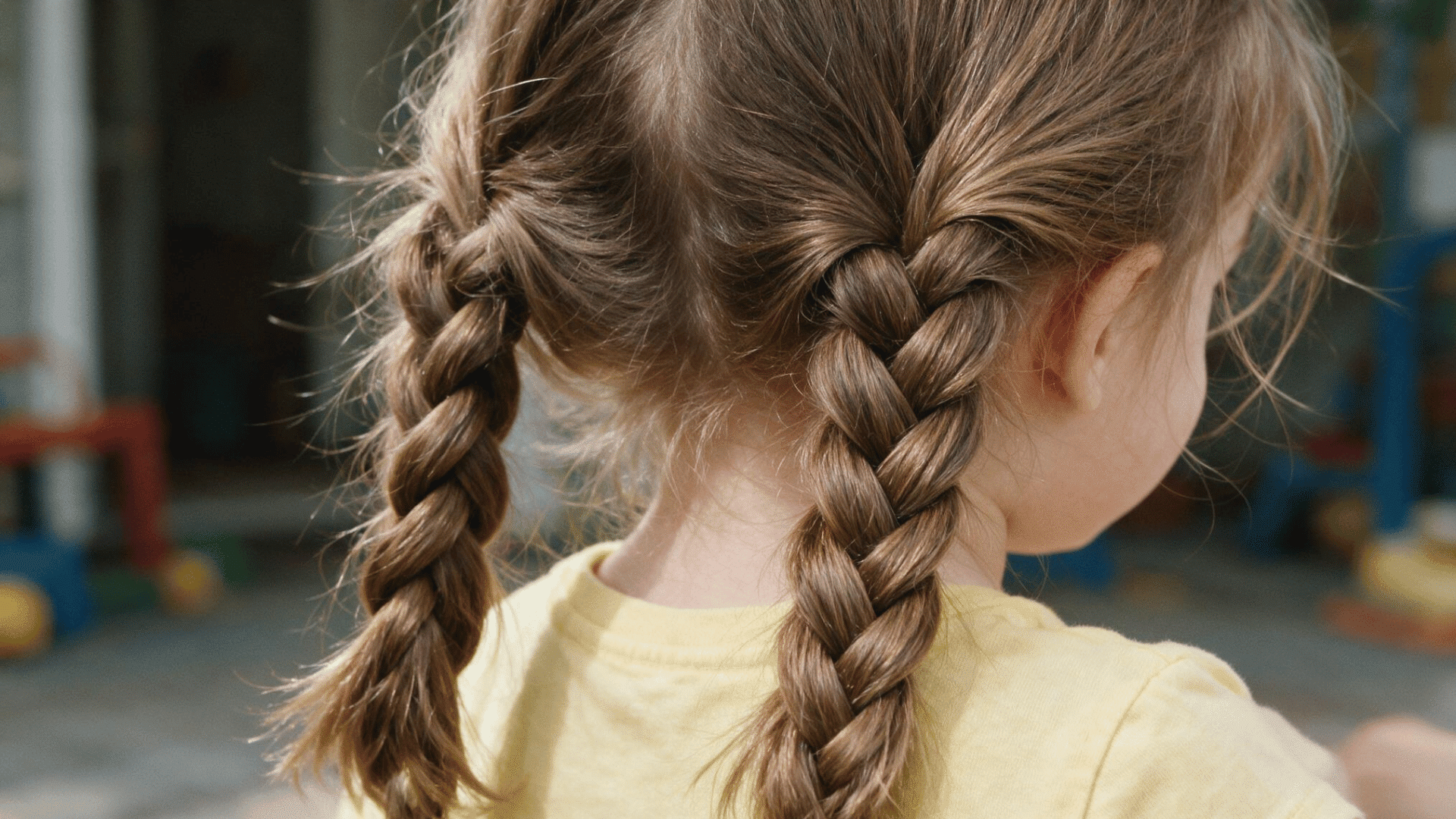 baby hairstyle with neat braided pigtails viewed from the back in soft natural outdoor light with a playful backyard background