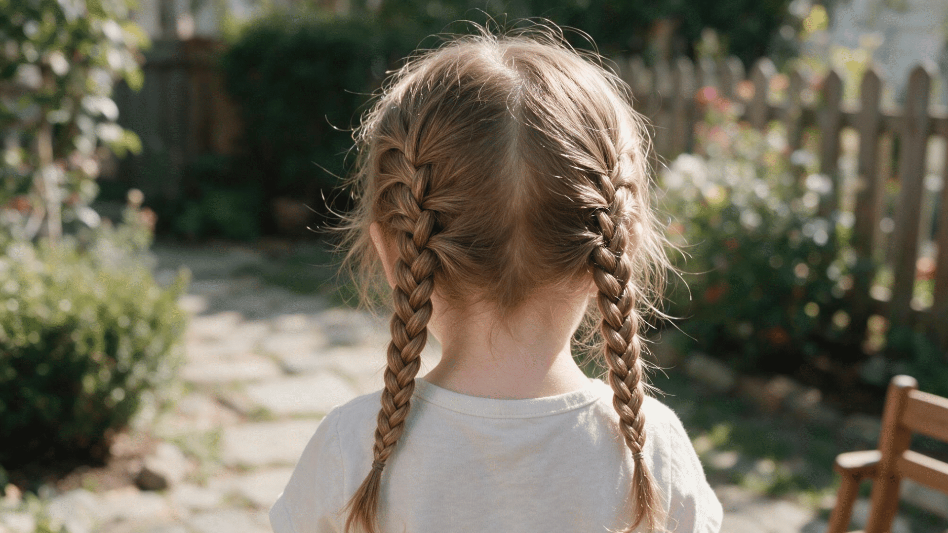 baby hairstyle with tiny dutch braids neatly parted and braided from the crown in natural outdoor sunlight with a garden background