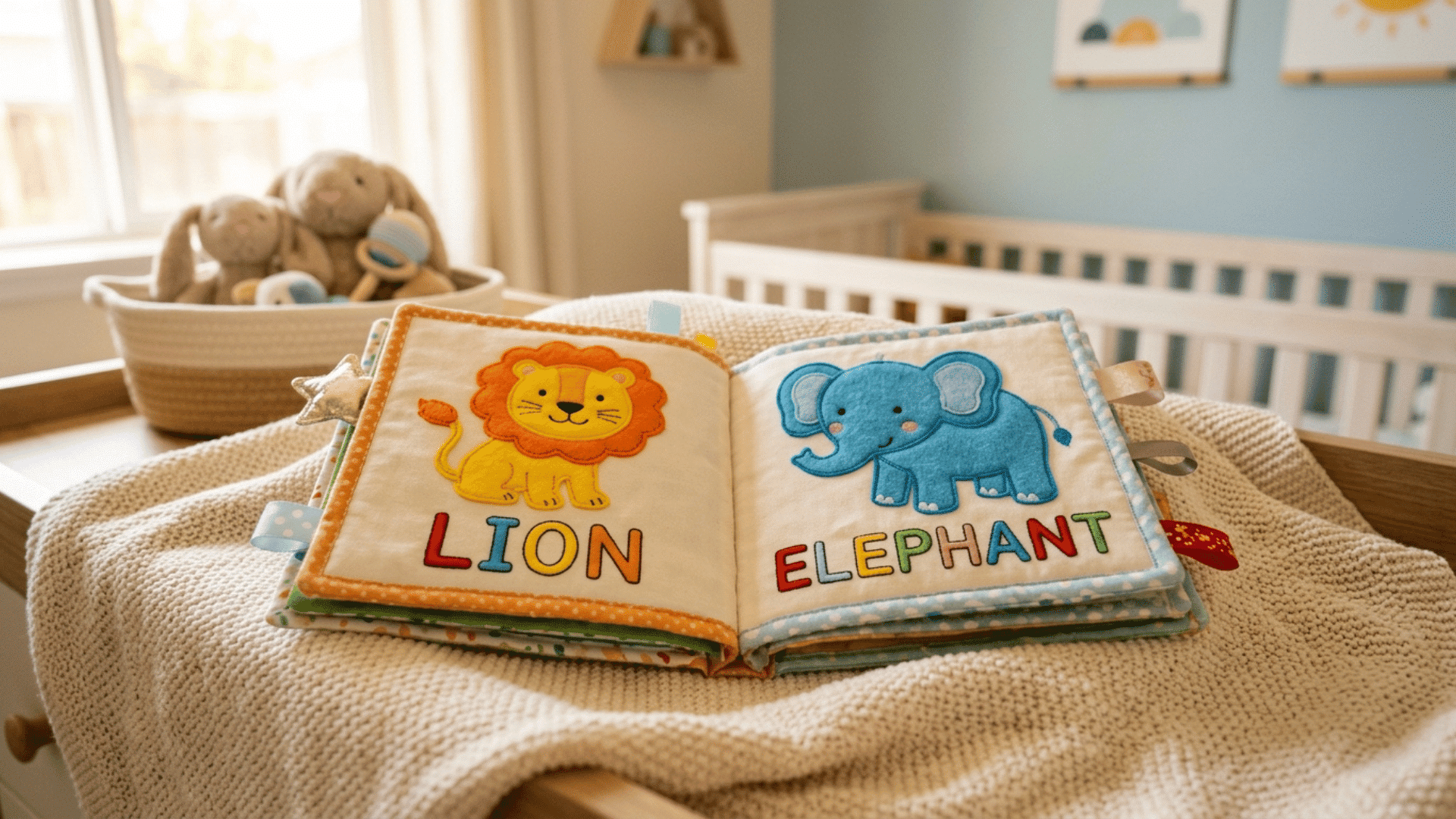 open fabric baby book showing a colourful lion and elephant on a soft blanket in a bright nursery