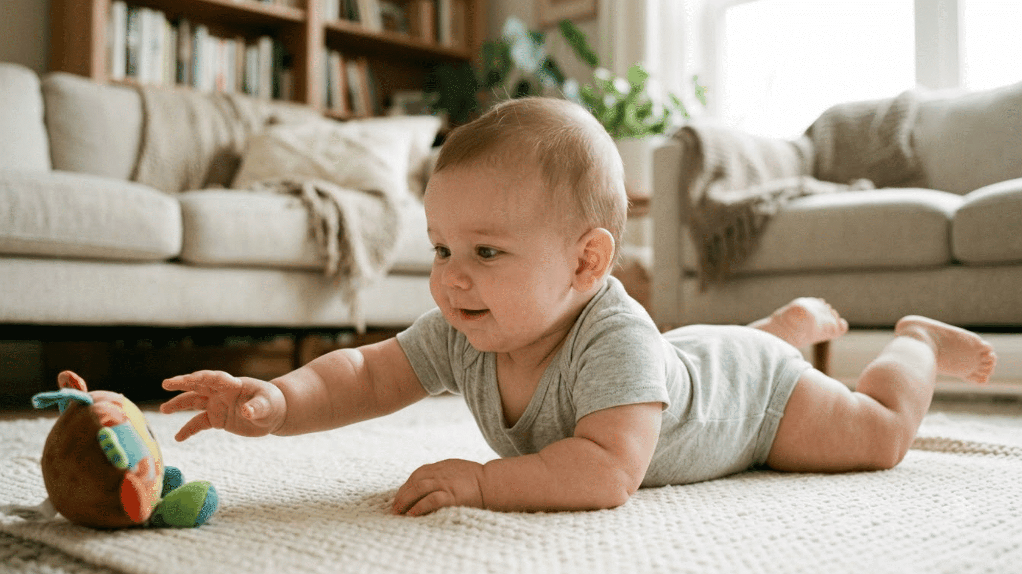baby lying on tummy reaching toward a toy during early rolling development at home