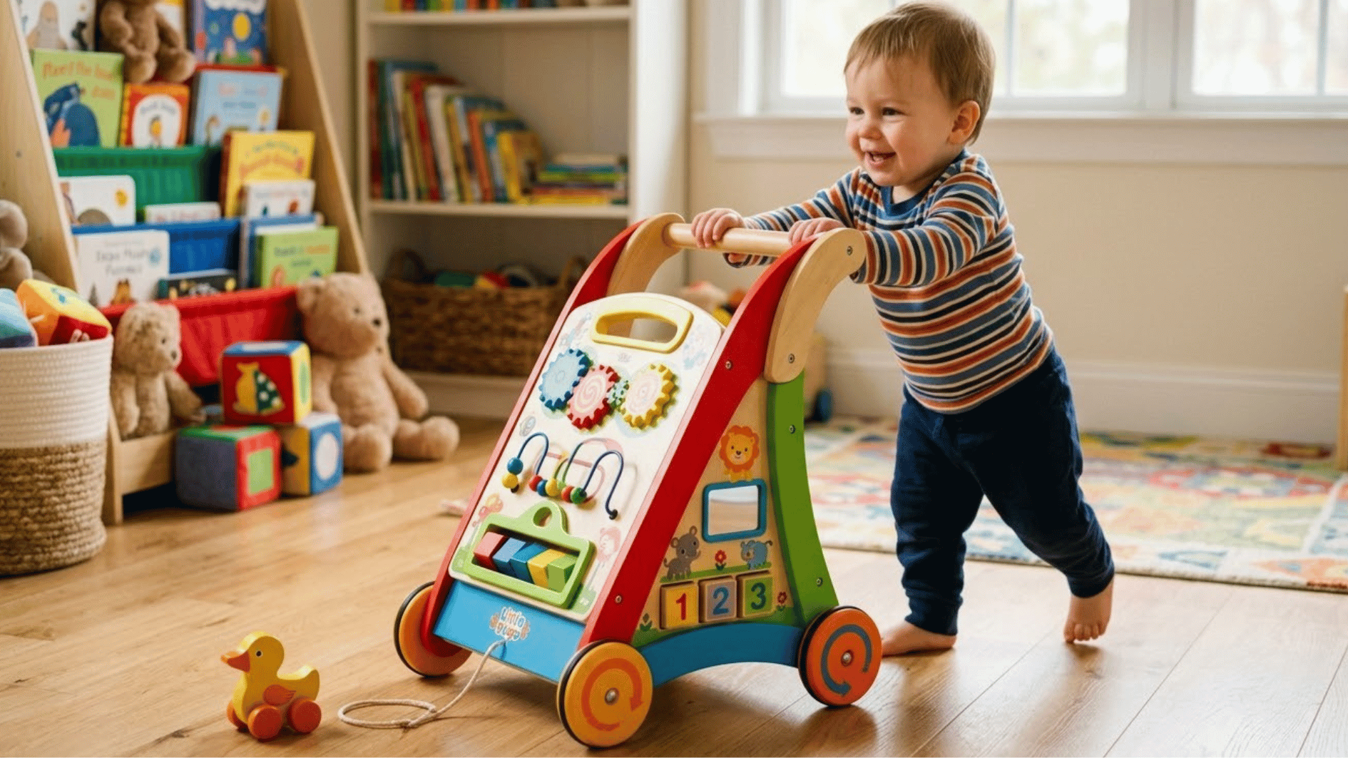 a one year old baby walking with the help of push and pull walker