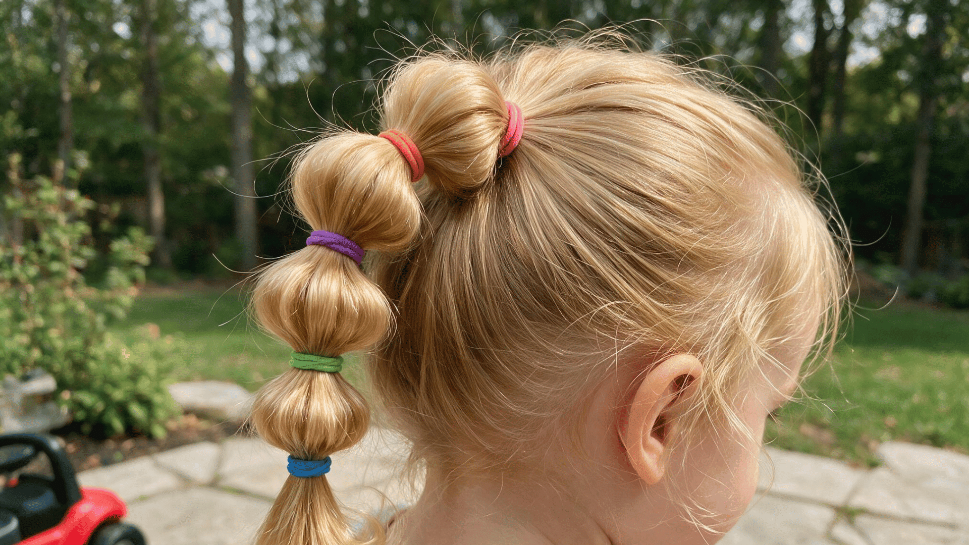 baby with a colorful bubble ponytail secured by bright elastics viewed from the back outdoors in soft natural daylight