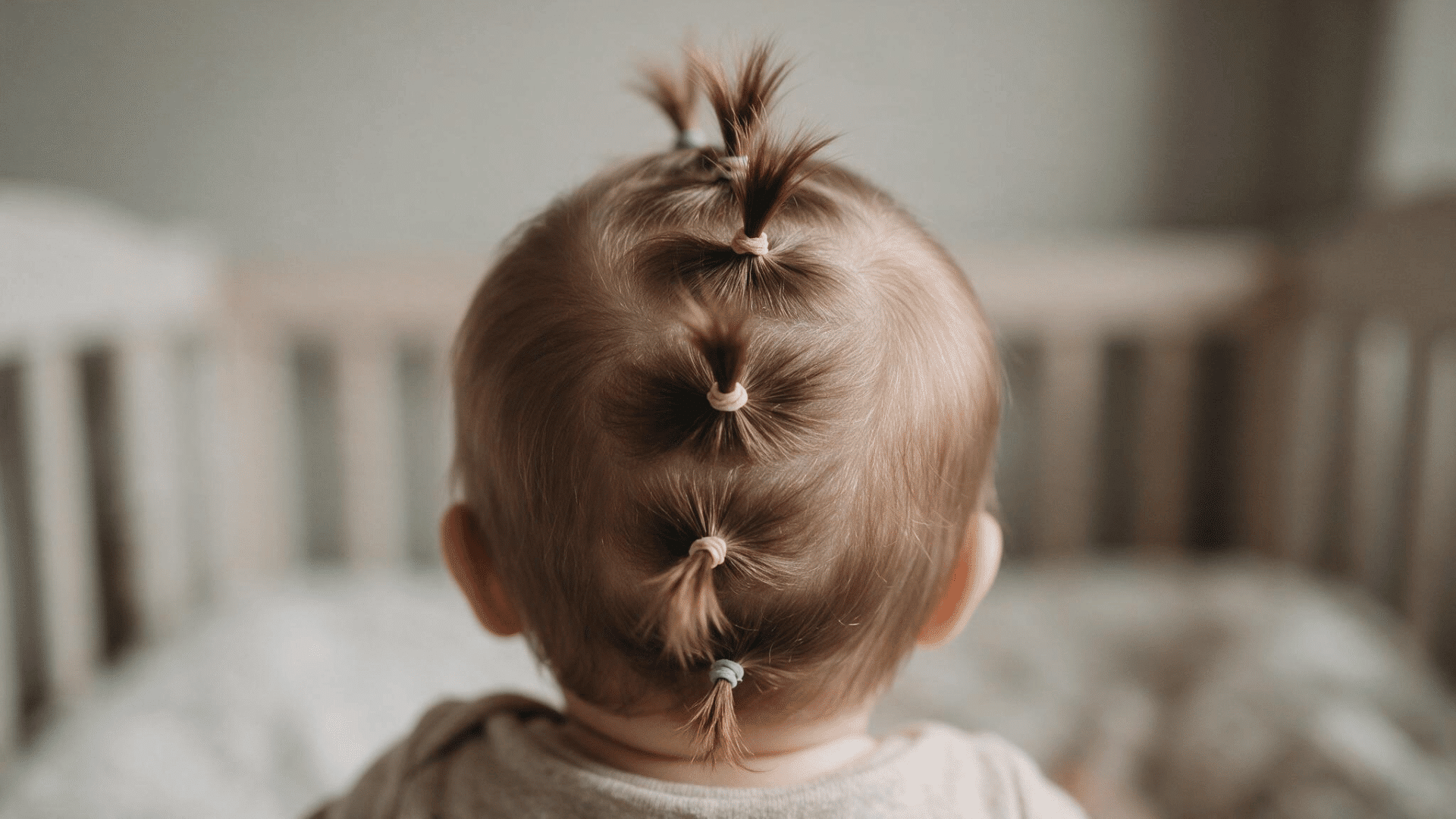 baby with brown hair styled in tiny mohawk ponytails secured with soft colorful elastics while sitting in a cozy nursery
