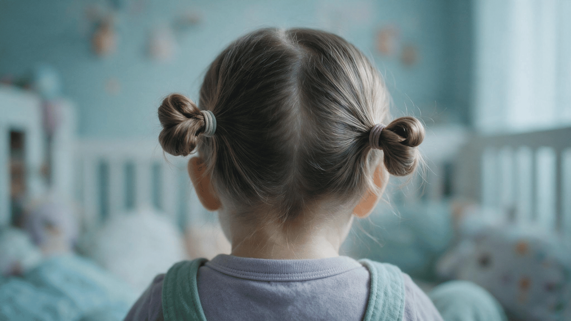 baby with brown hair styled in two small side buns secured with soft elastics while sitting in a cozy nursery setting