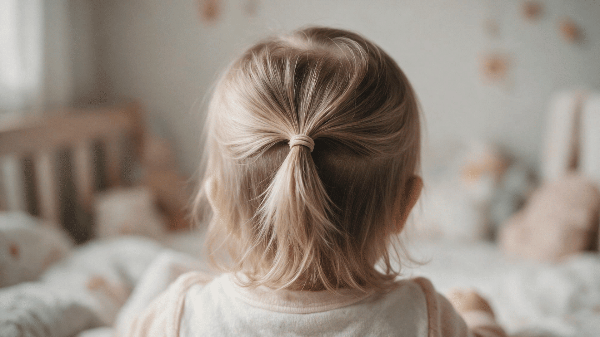 baby with light brown hair styled in a simple half-up ponytail secured with a soft elastic in a cozy nursery setting