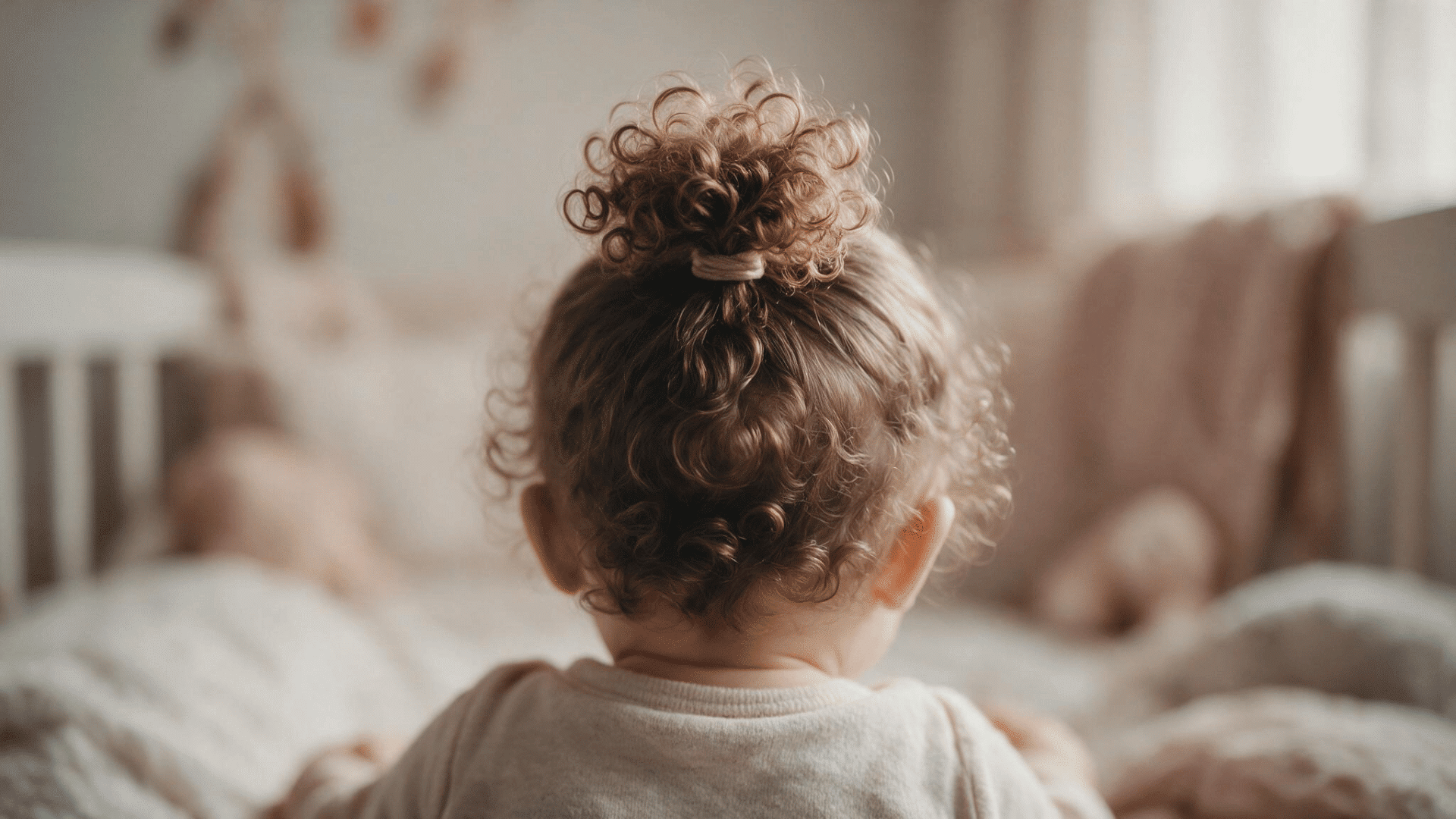 baby with naturally curly brown hair gathered into a high puff ponytail with a soft elastic in a cozy nursery setting