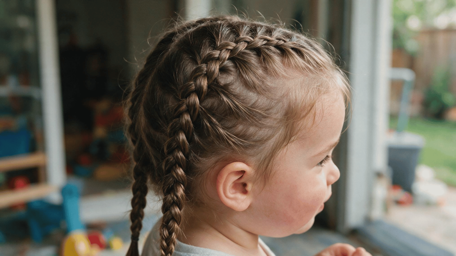 baby with neat double french braids viewed from the side indoors with soft natural light and a blurred home background
