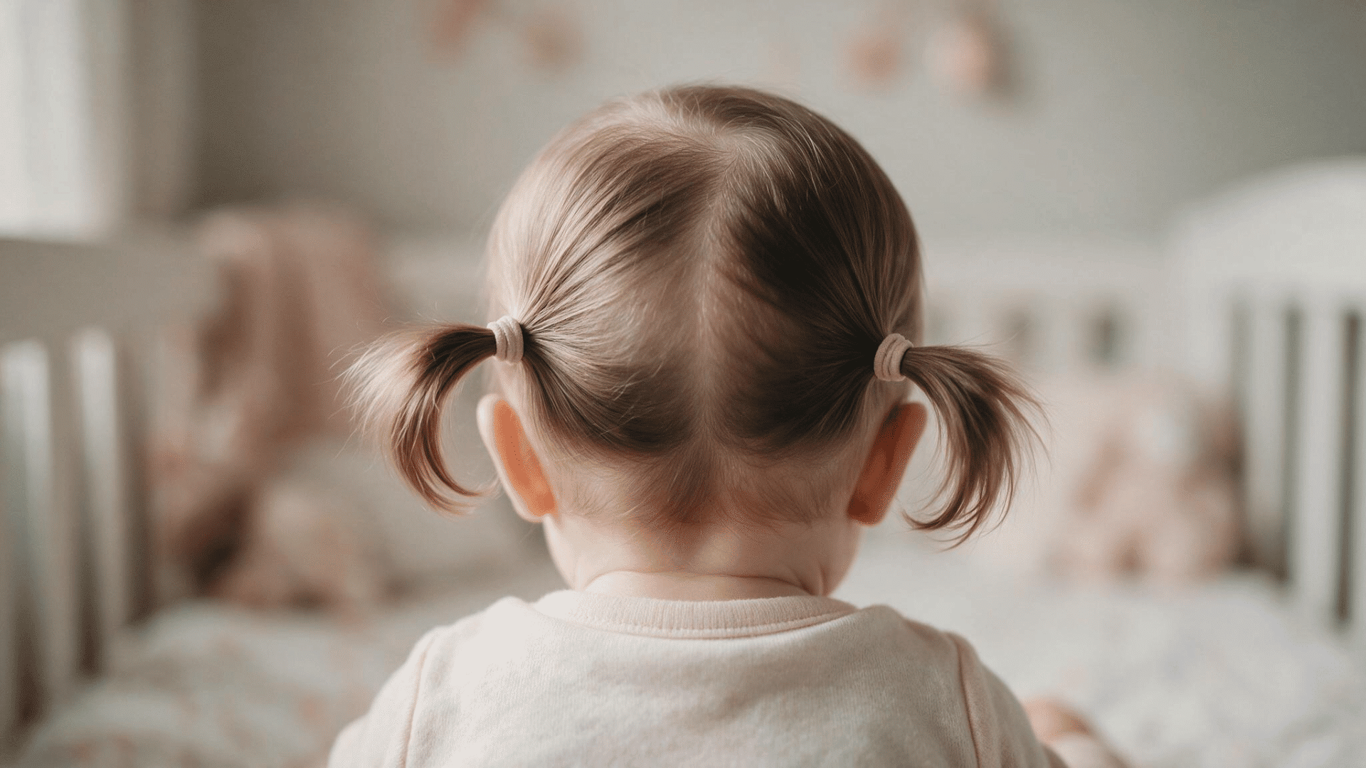 baby with soft brown hair styled in two tiny pigtails secured with gentle elastics while sitting in a cozy nursery