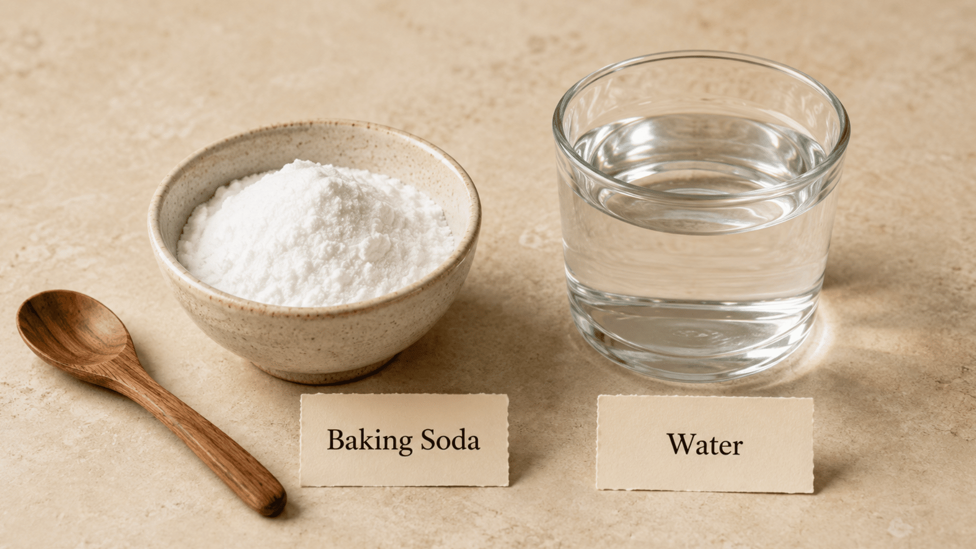 baking soda and water in labeled containers on a warm kitchen countertop